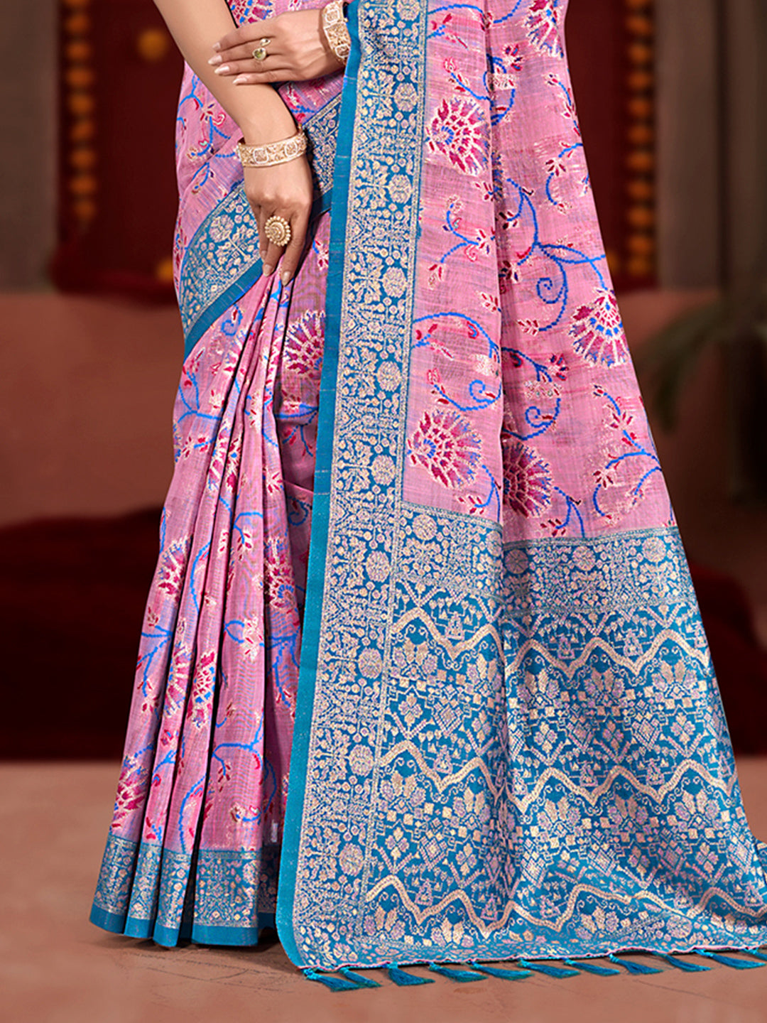 Sangam Prints Pink Cotton Silk With Meena Woven Work Traditional Saree