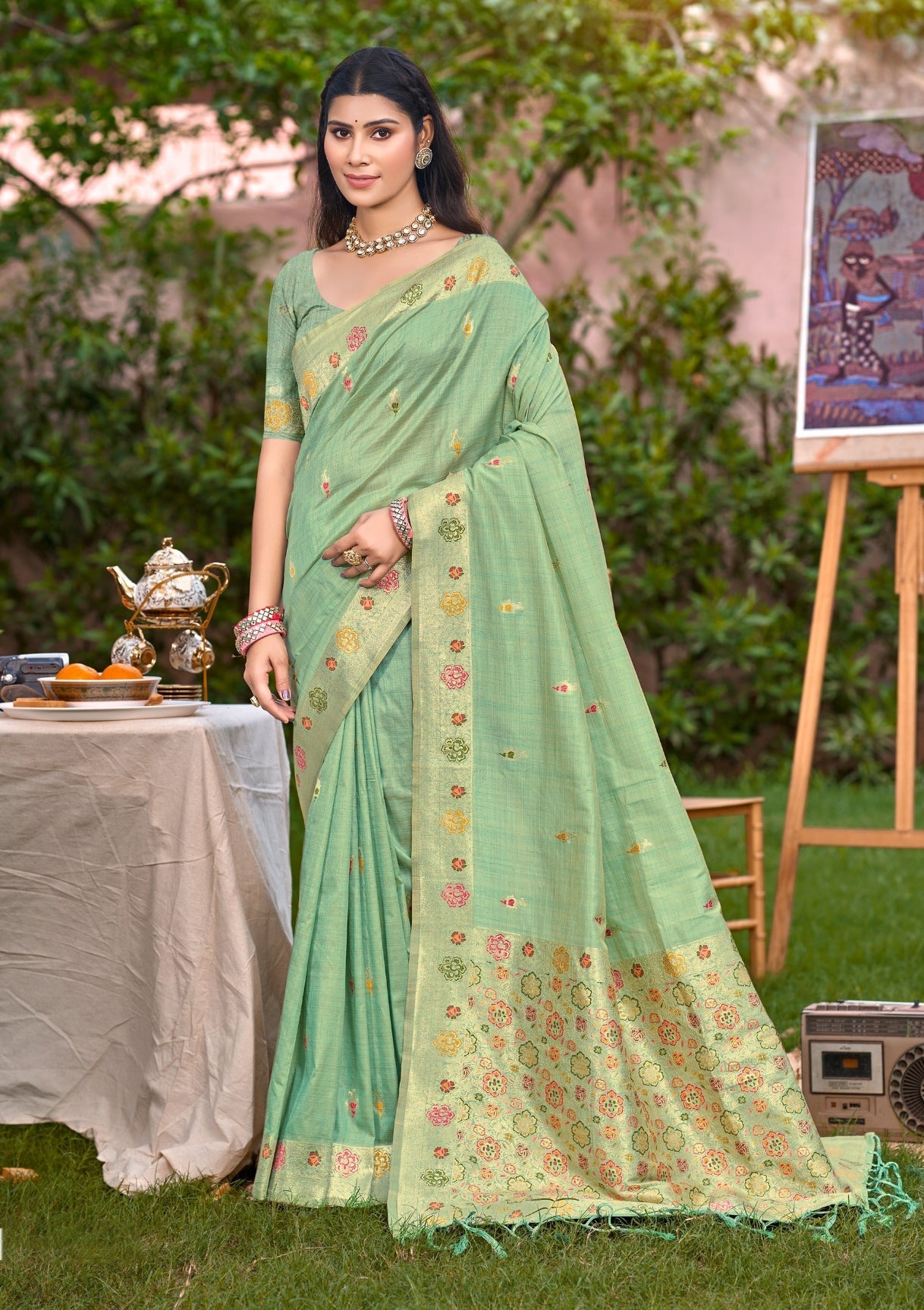 Sangam Prints Sea Green Heavy Assam Silk Saree With Meena Woven Work Traditional Saree