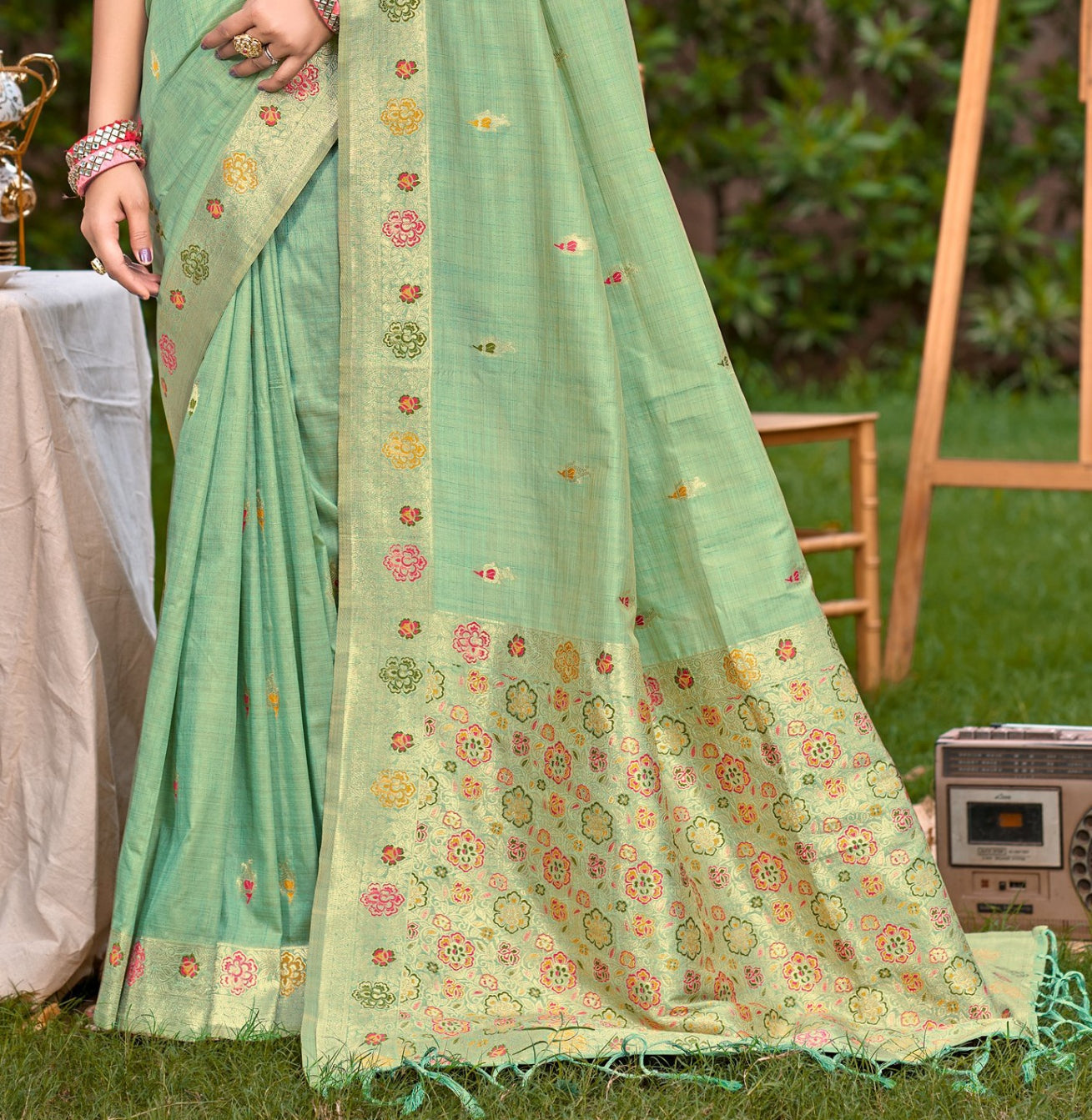 Sangam Prints Sea Green Heavy Assam Silk Saree With Meena Woven Work Traditional Saree