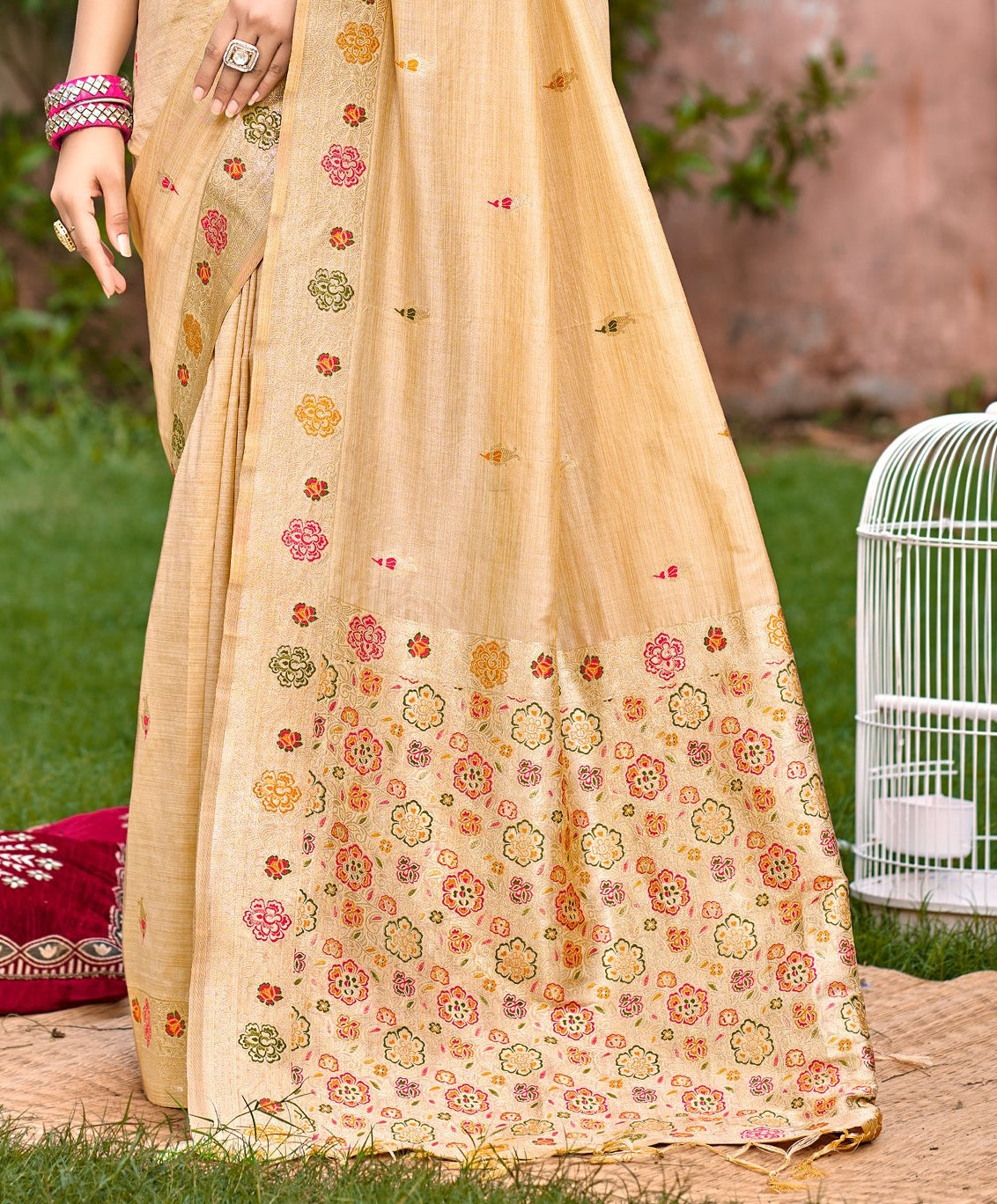 Sangam Prints Cream Heavy Assam Silk Saree With Meena Woven Work Traditional Saree