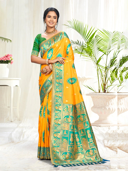 Sangam Prints Yellow Silk Woven Work Traditional Saree