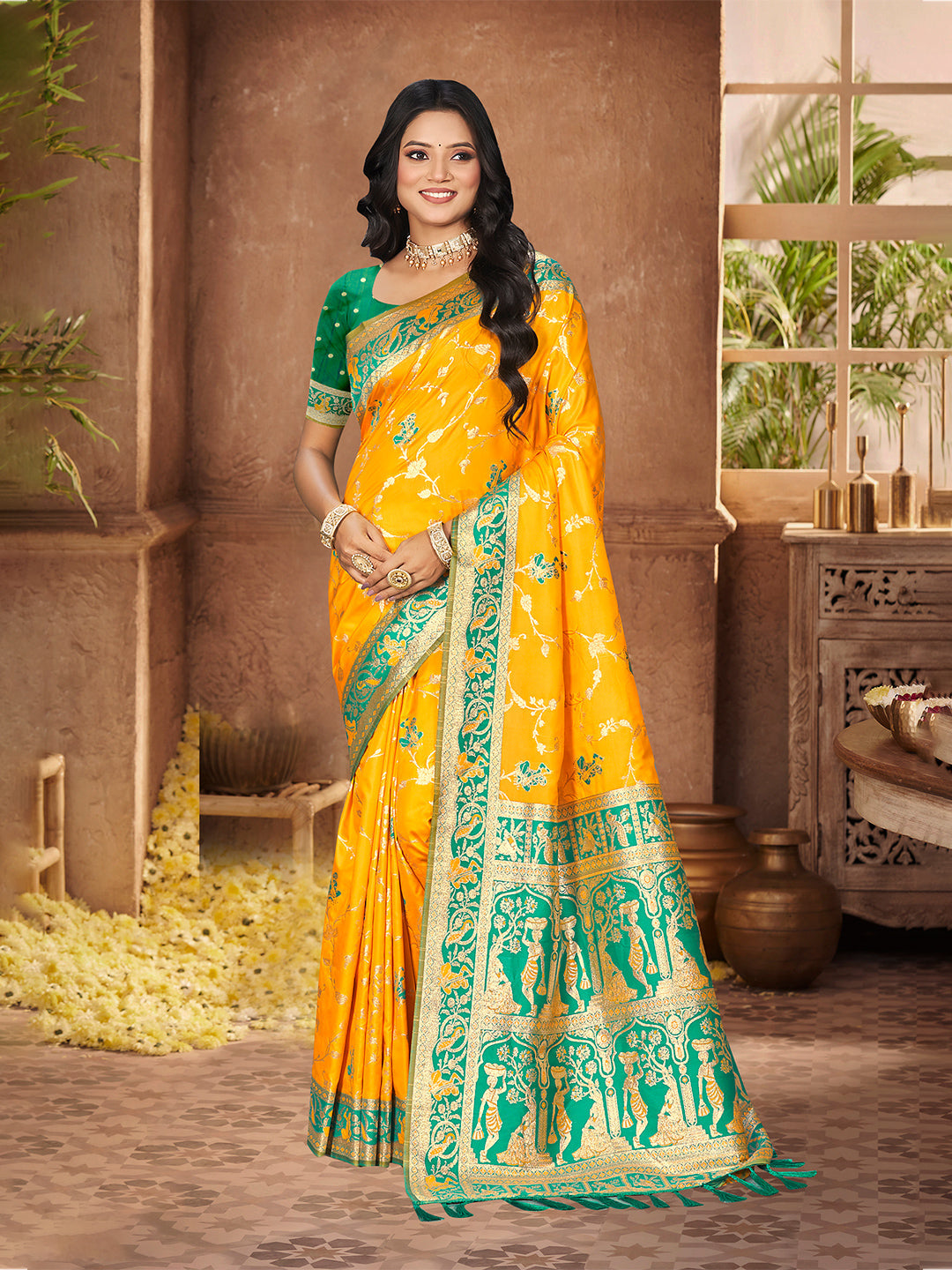 Sangam Prints Yellow Silk Woven Work Traditional Saree