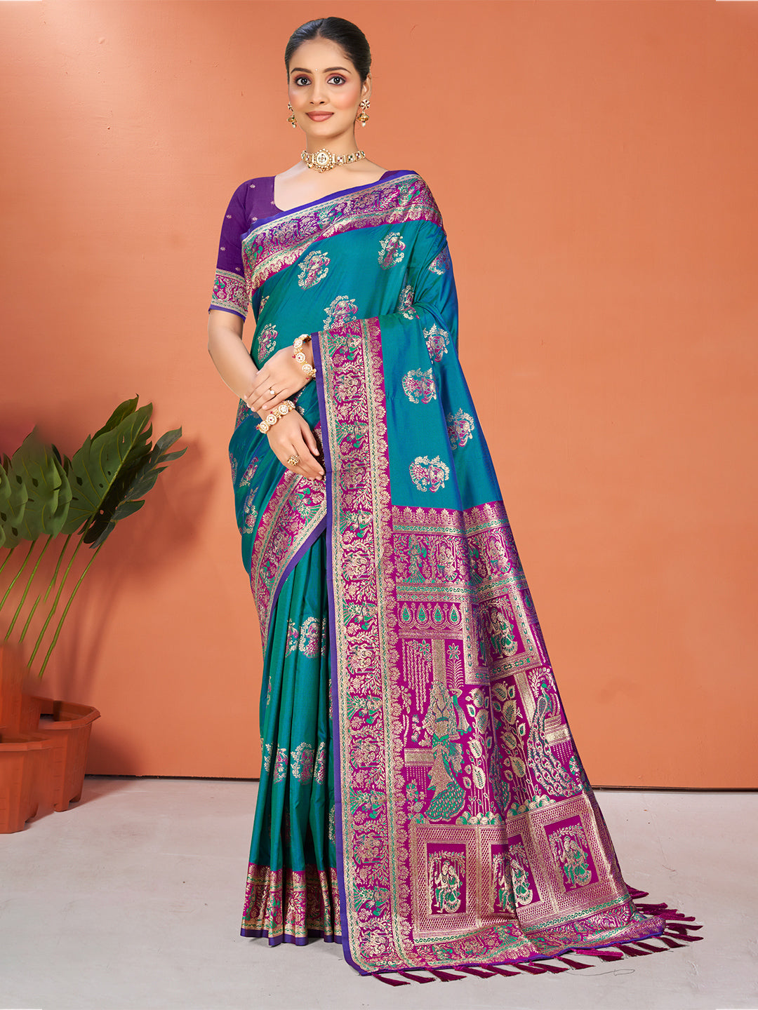 Sangam Prints Teal Blue Silk Woven Work Traditional Saree