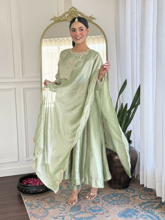 The52 Pista Women's Gorgeous Embroidered Vichitra Silk Fabric Flared Kurta Pant with Dupatta Set | Grab2Buy