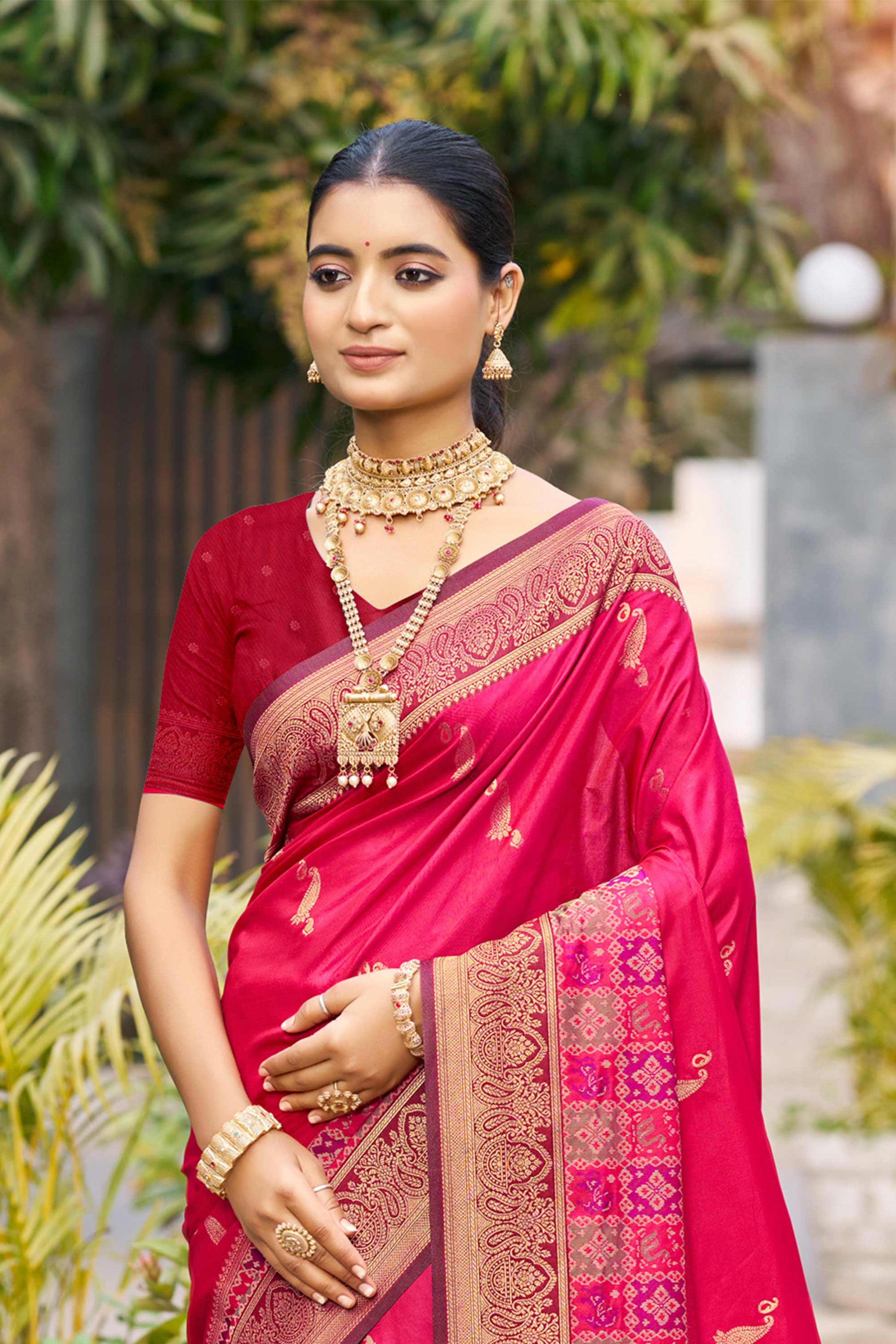 Sangam Prints Rani Pink Soft Silk Woven Work Traditional Saree