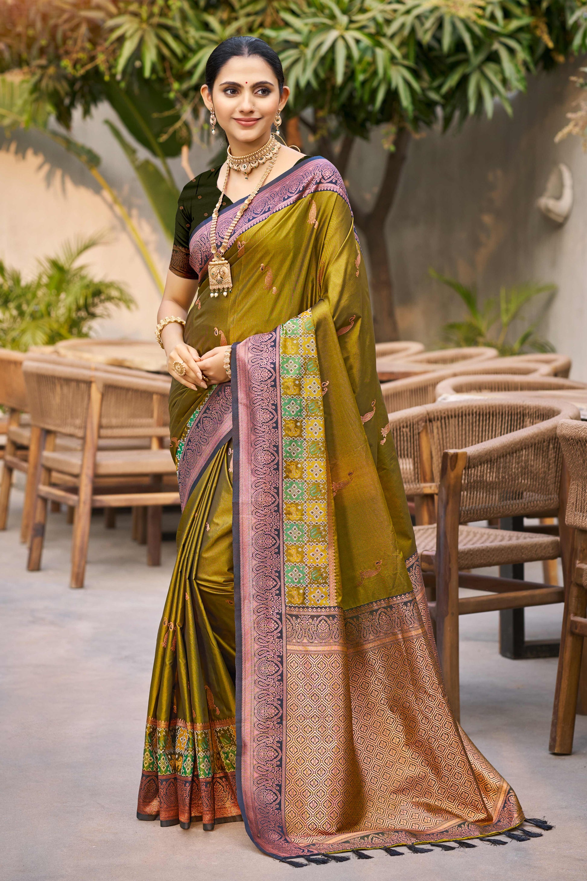 Sangam Prints Olive Green Soft Silk Woven Work Traditional Saree