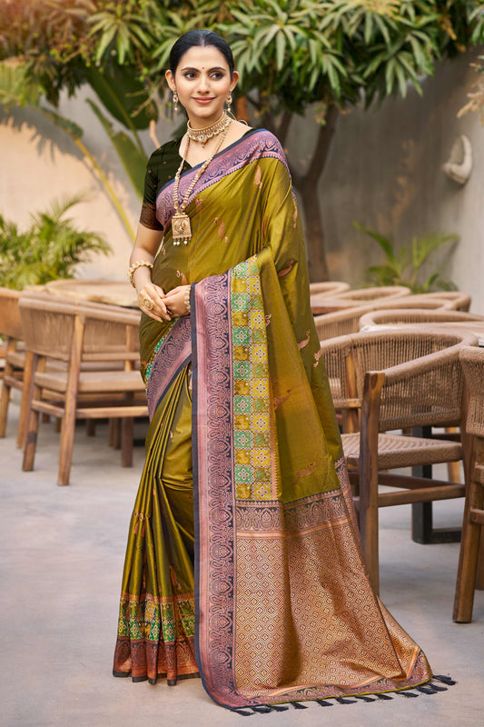 Sangam Prints Olive Green Soft Silk Woven Work Traditional Saree