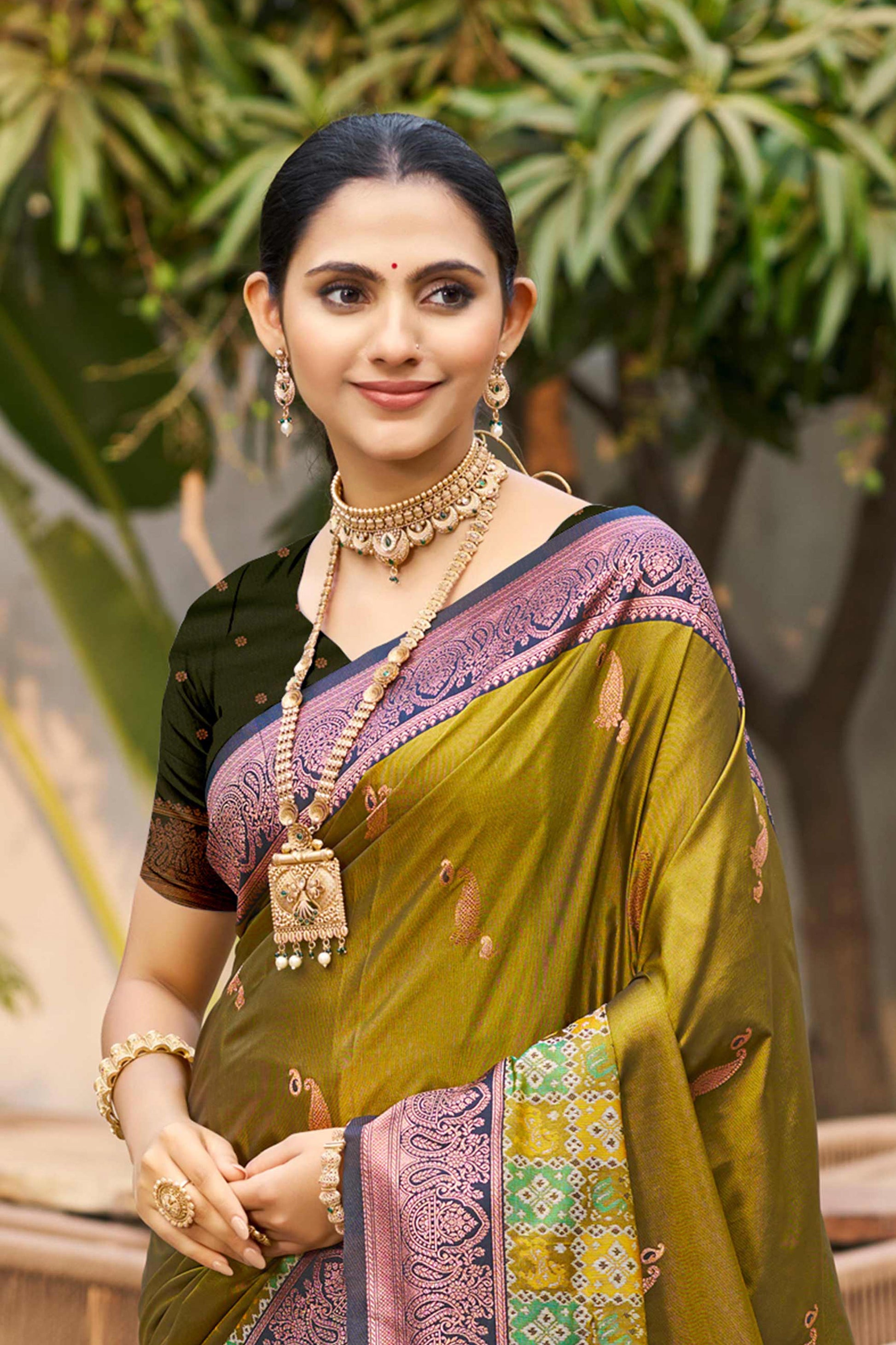 Sangam Prints Olive Green Soft Silk Woven Work Traditional Saree