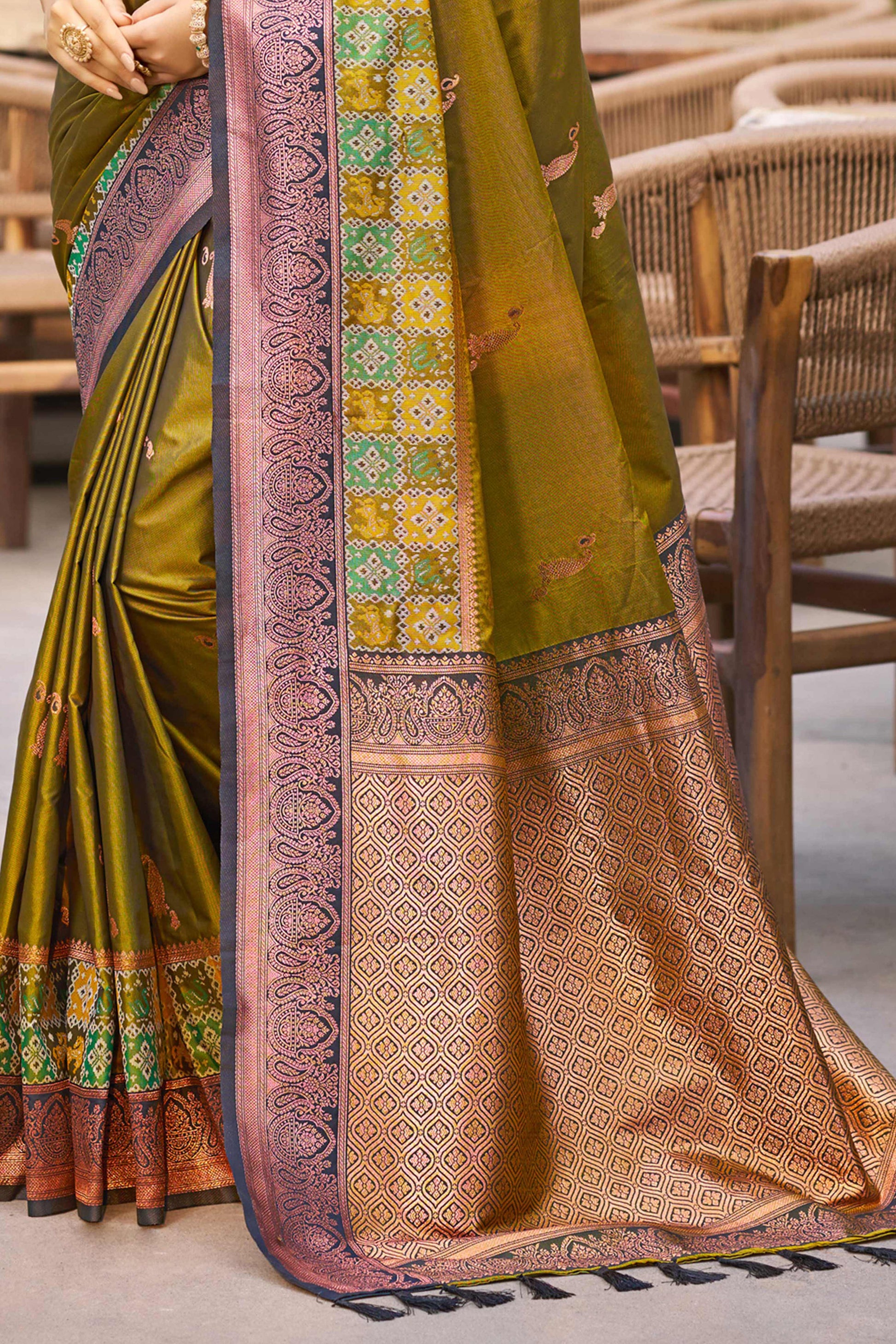 Sangam Prints Olive Green Soft Silk Woven Work Traditional Saree