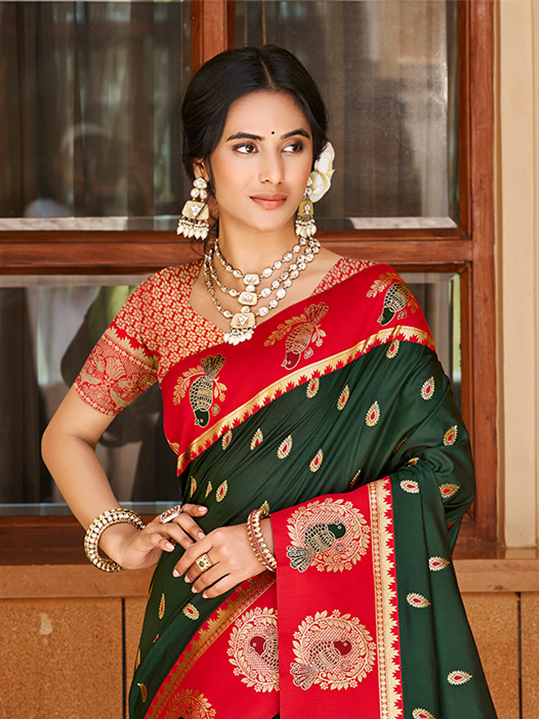 Sangam Prints Dark Green  Silk Woven Work Traditional Saree