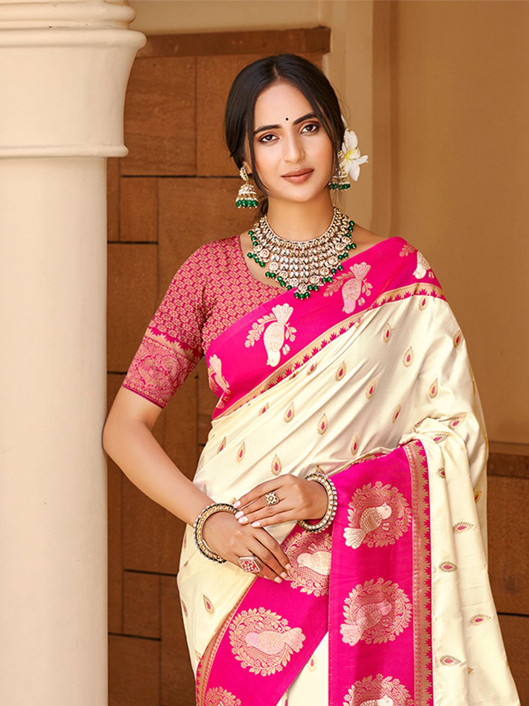 Sangam Prints Beige Silk Woven Work Traditional Saree
