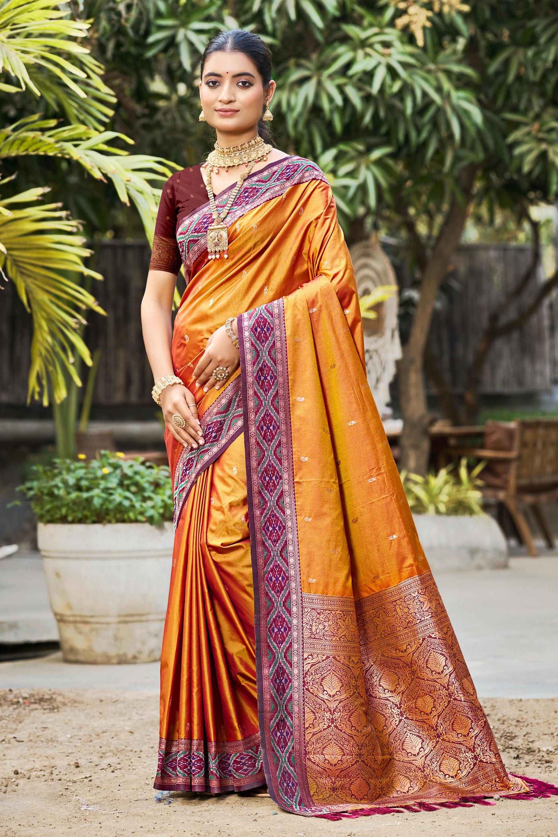 Sangam Prints Rust Orange Soft Silk Woven Work Traditional Saree