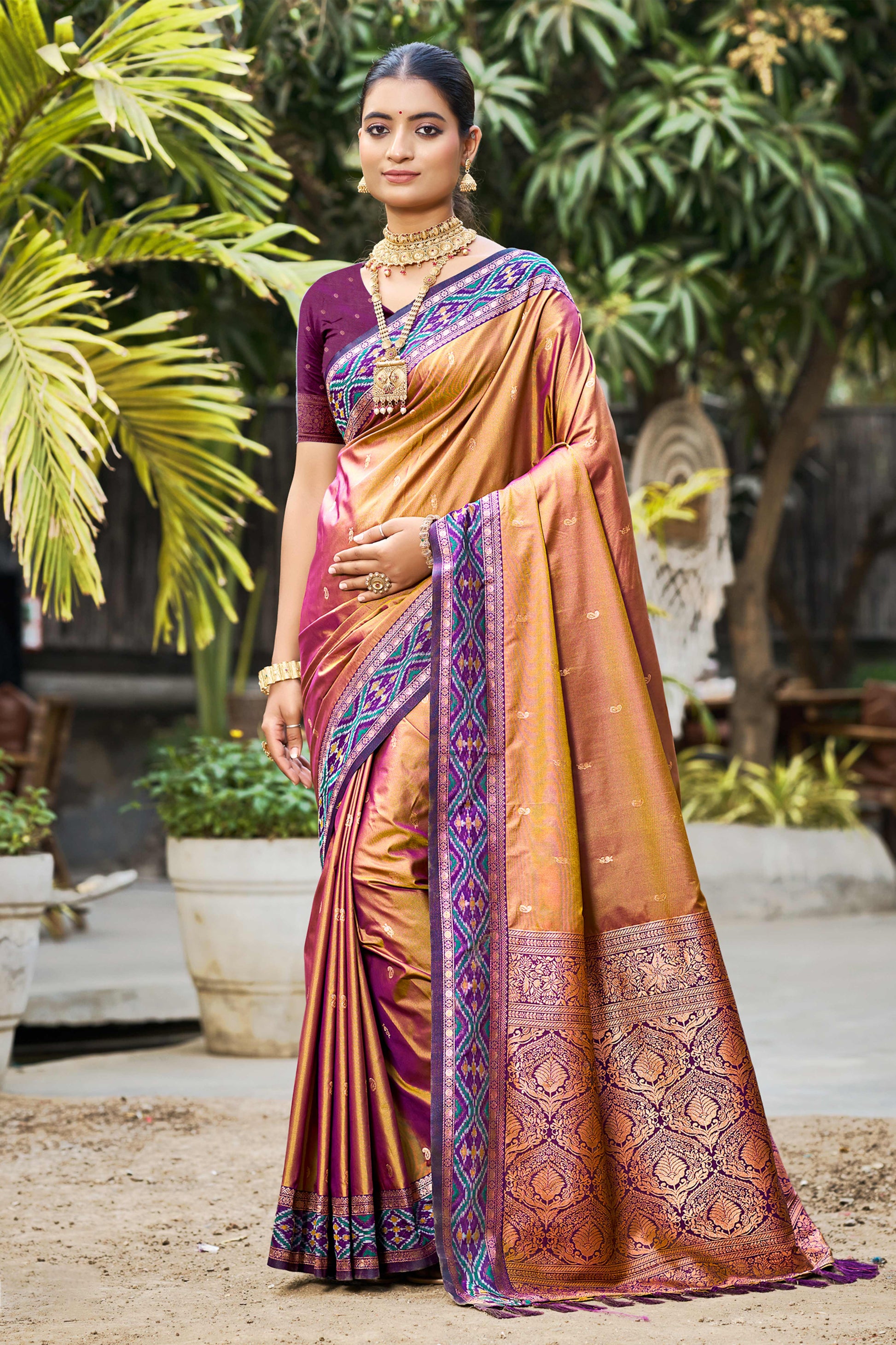 Sangam Prints Copper Gold Soft Silk Woven Work Traditional Saree