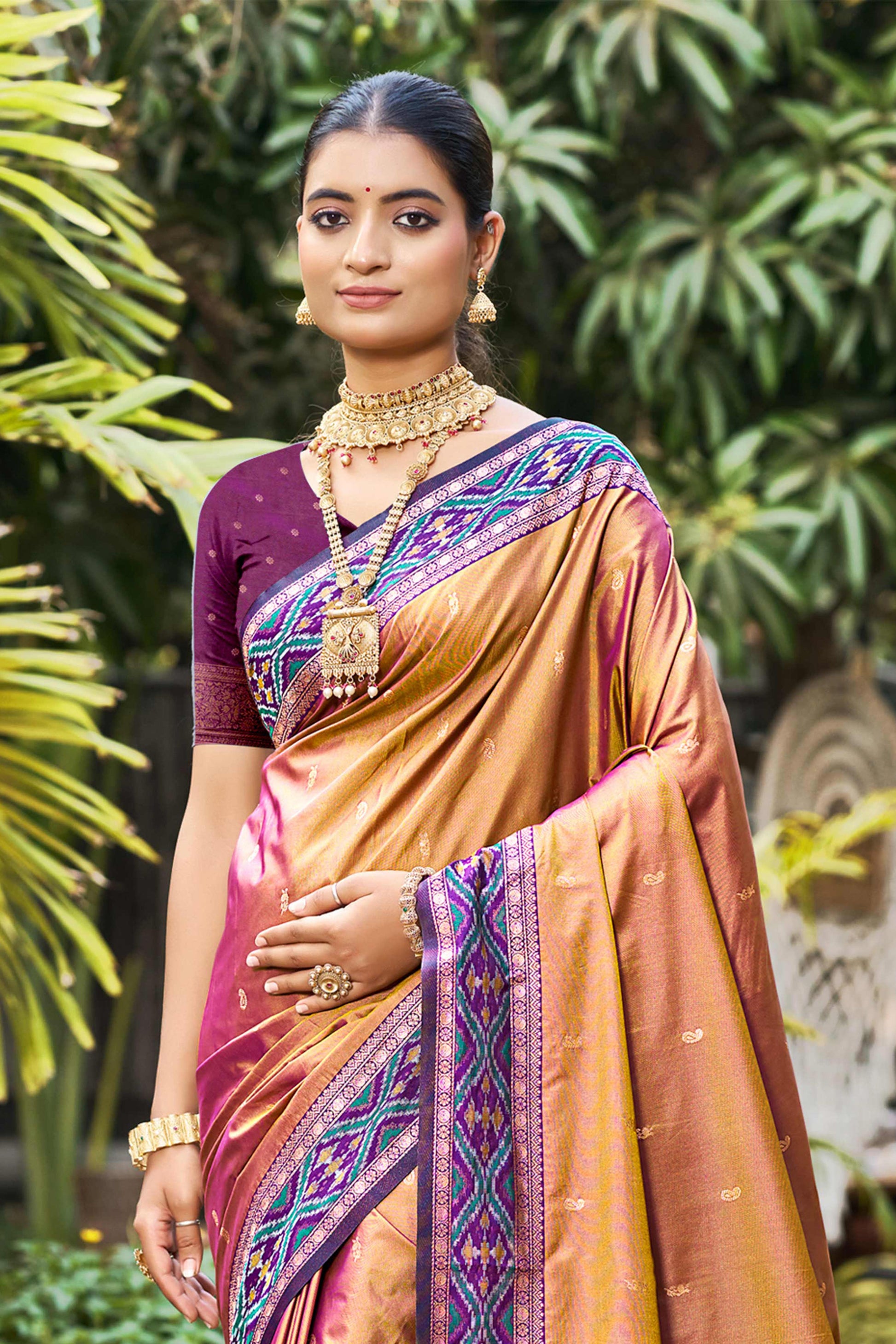 Sangam Prints Copper Gold Soft Silk Woven Work Traditional Saree
