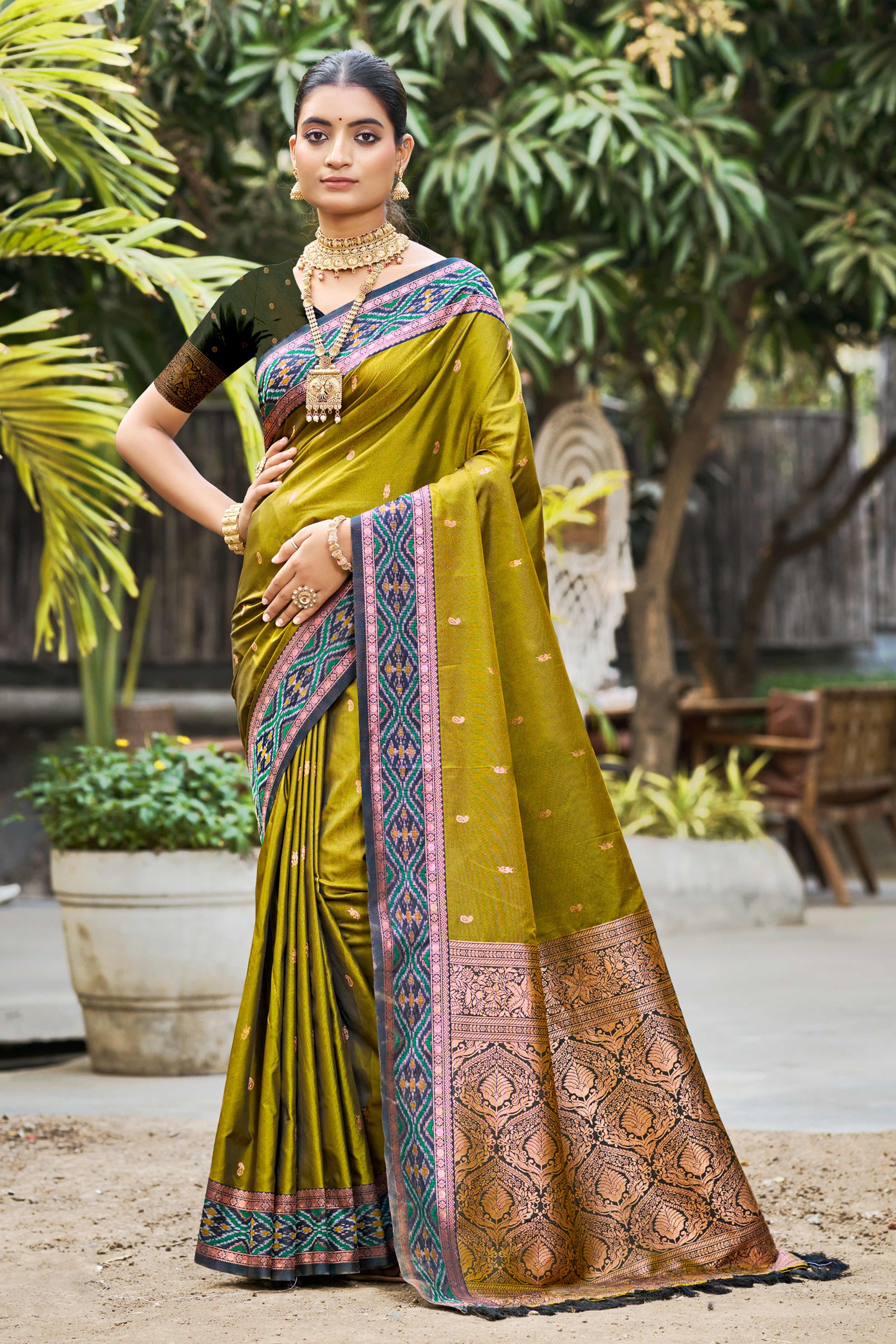 Sangam Prints Olive Green Soft Silk Woven Work Traditional Saree