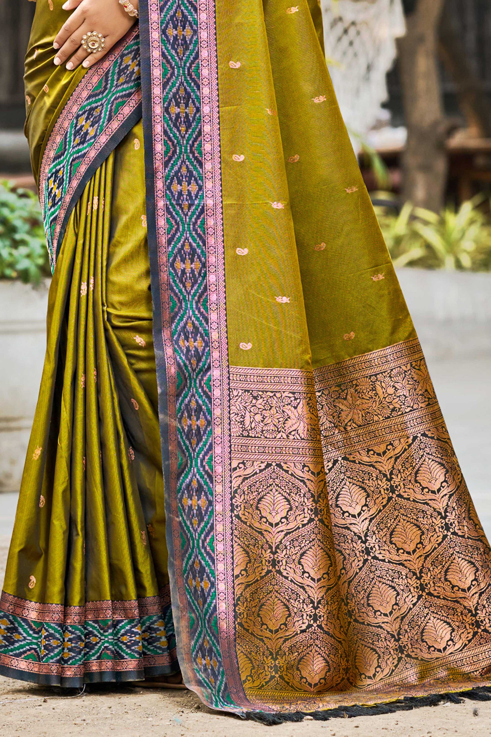 Sangam Prints Olive Green Soft Silk Woven Work Traditional Saree