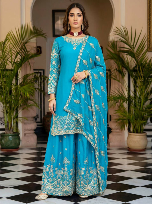 Teeya Creation Sky Chinon Silk Designer Wedding Wear Embroidery Work Palazzo