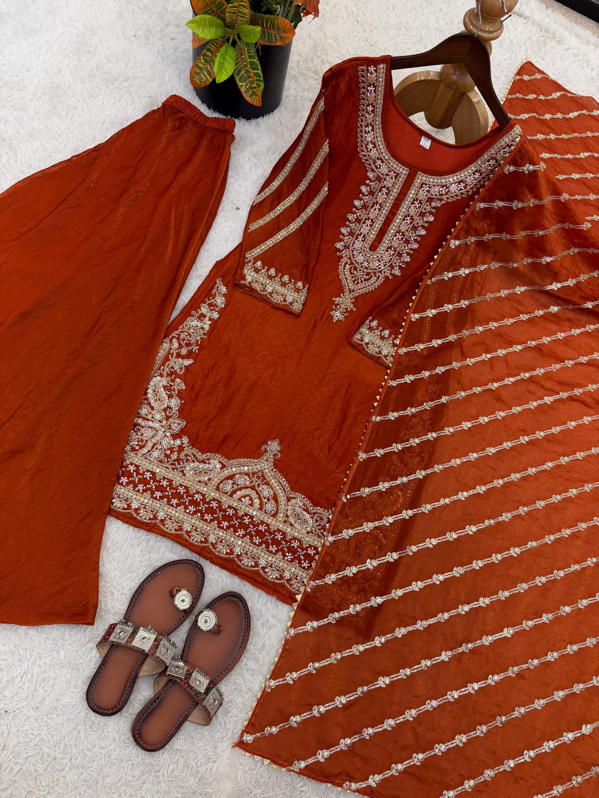 Teeya Creation New latest Trendy Embroidery Beads Work Kurta Sharara Set - Orange