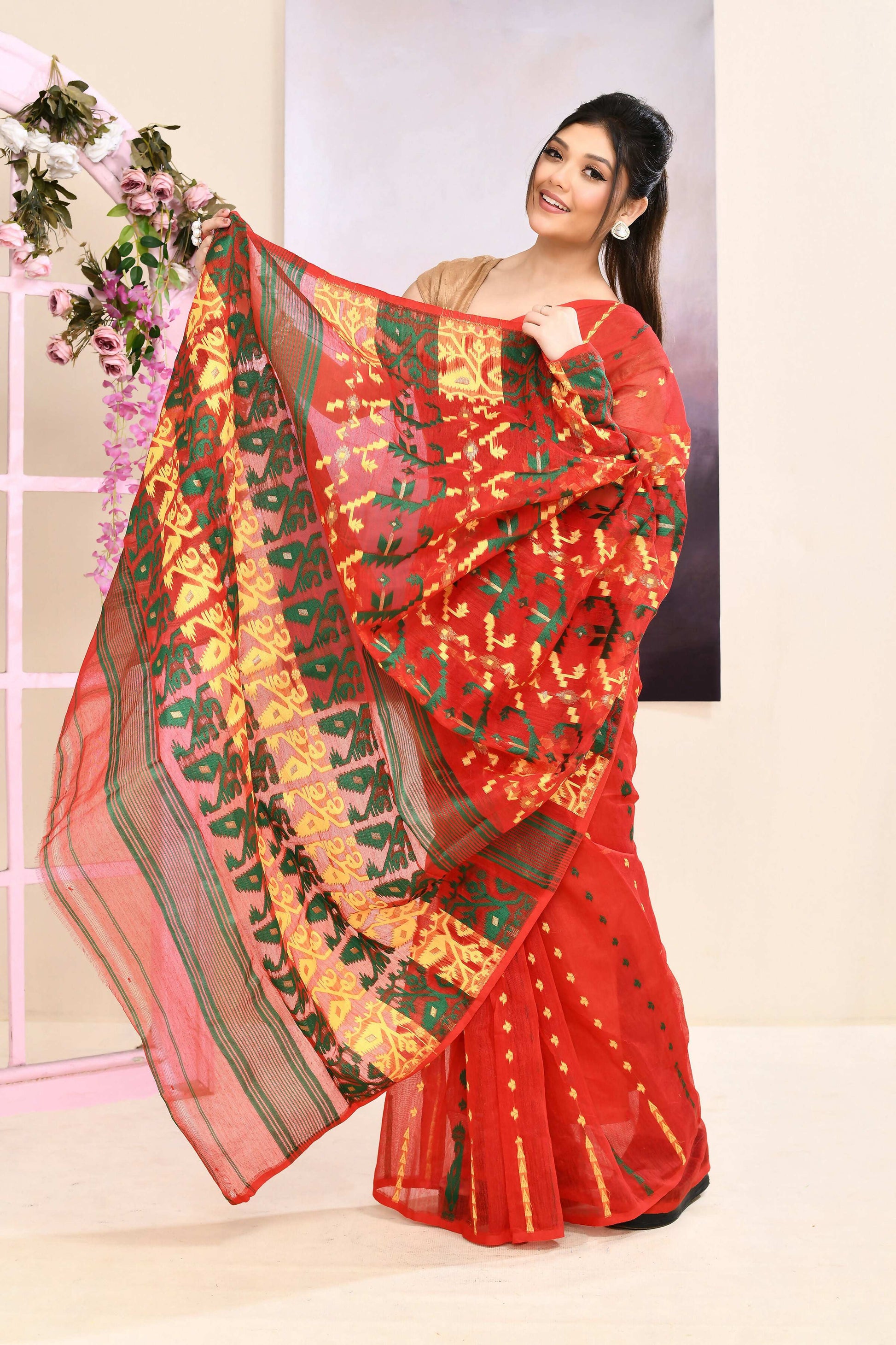 Piyari Fashion Women's Red Embellished Cotton Blend Jamdani Saree