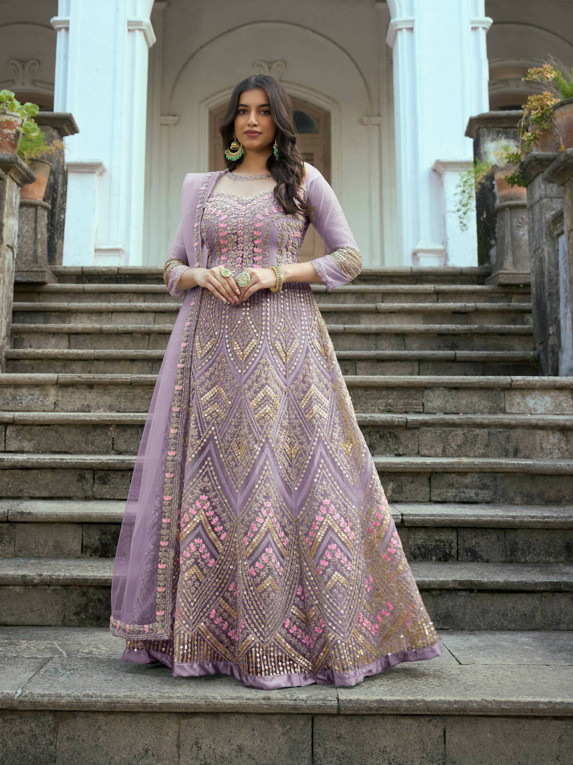 Lavender Butterfly Net Anarkali Embroidered Kurta Set - Aadishri