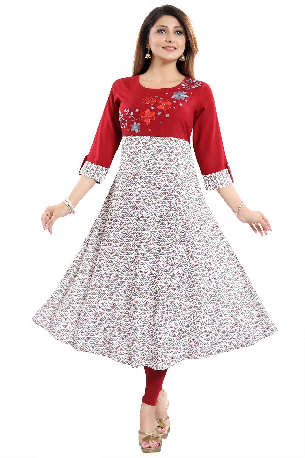 Snehal Creations Magnificent Maroon Rayon Printed Flared Long Tunic