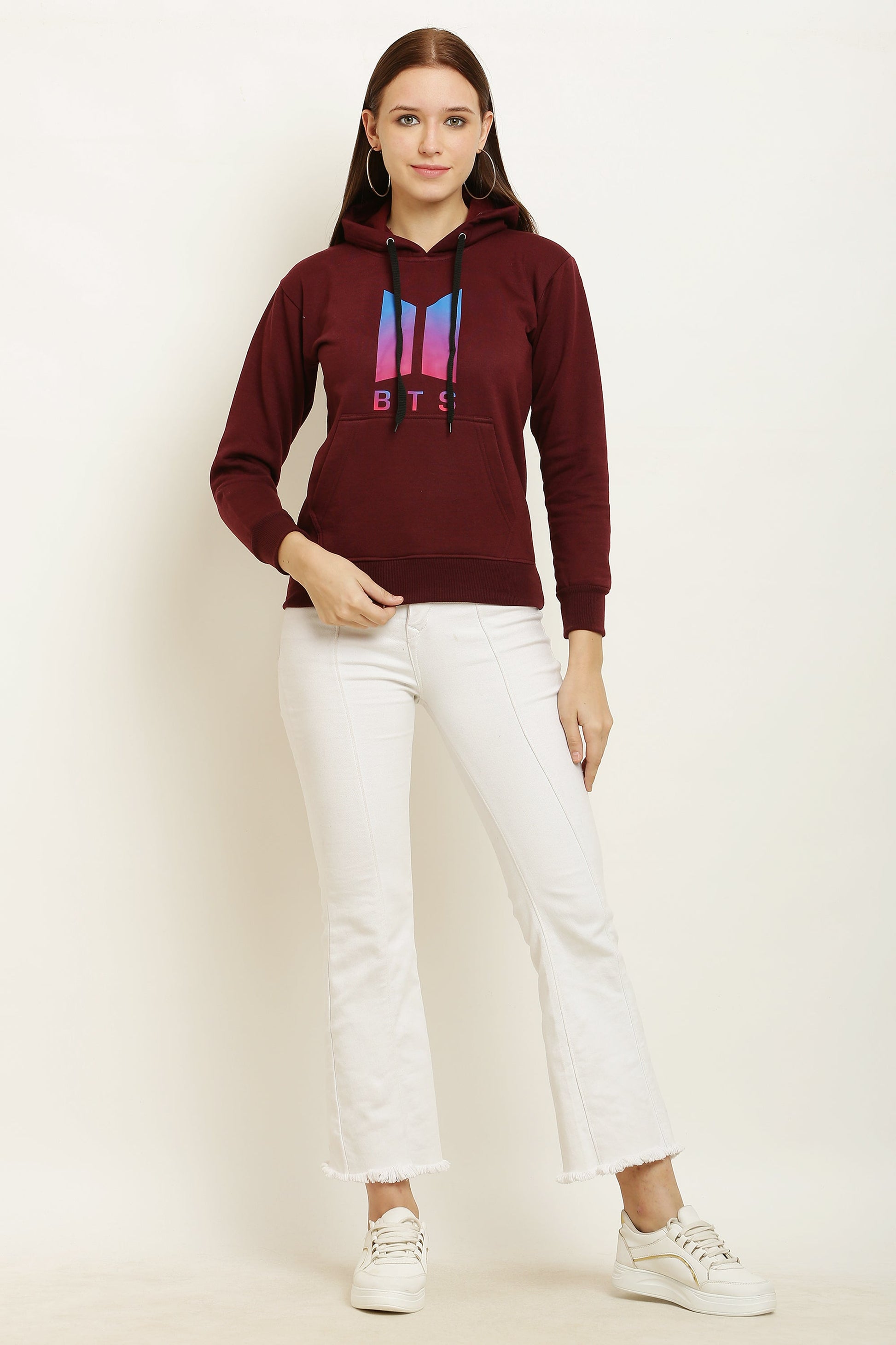 PAVONINE Maroon Color Bts-Design Pullover Hoodie Sweatshirt For Girls