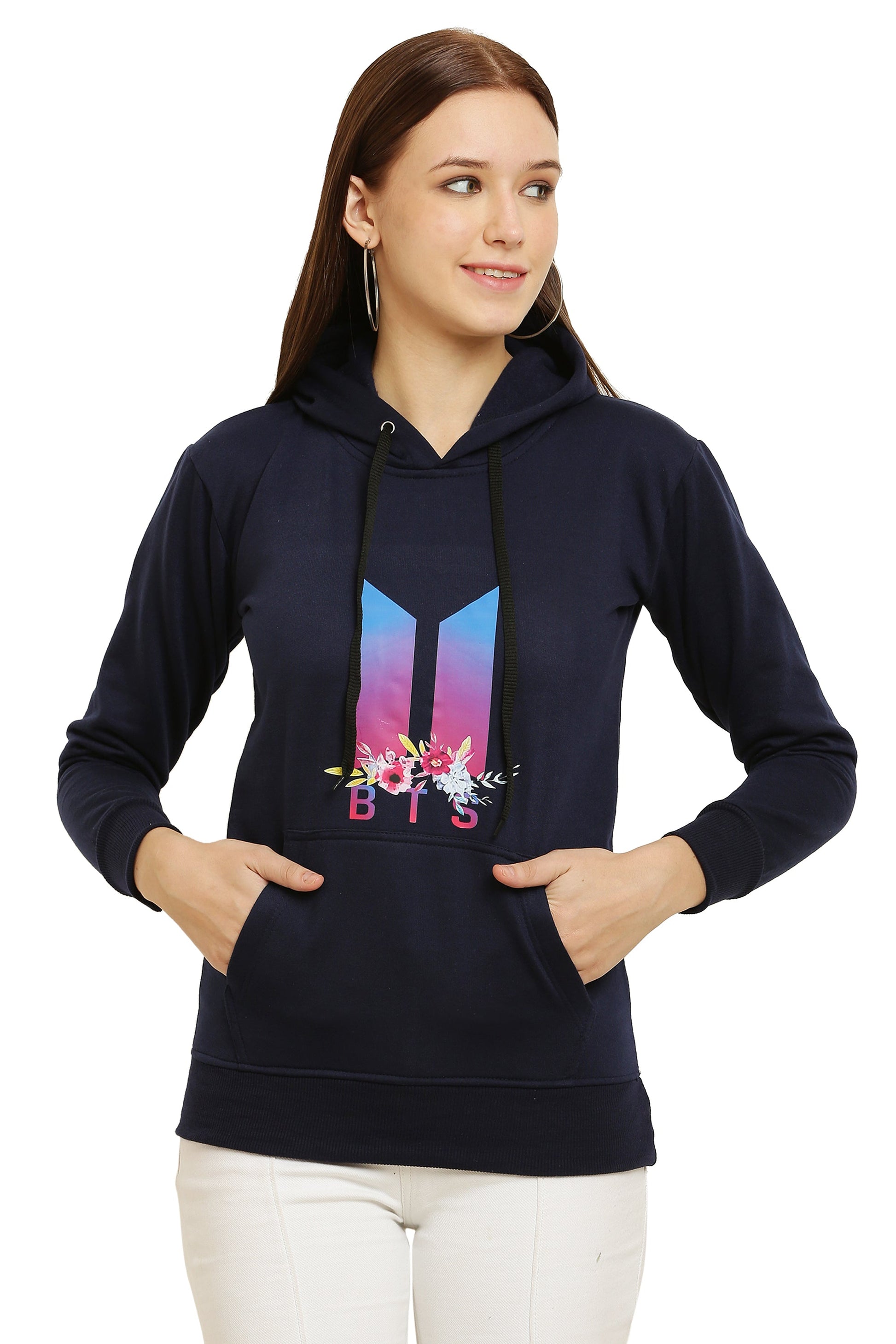 PAVONINE Navy Blue Color Bts Flower-Design Pullover Hoodie Sweatshirt For Girls