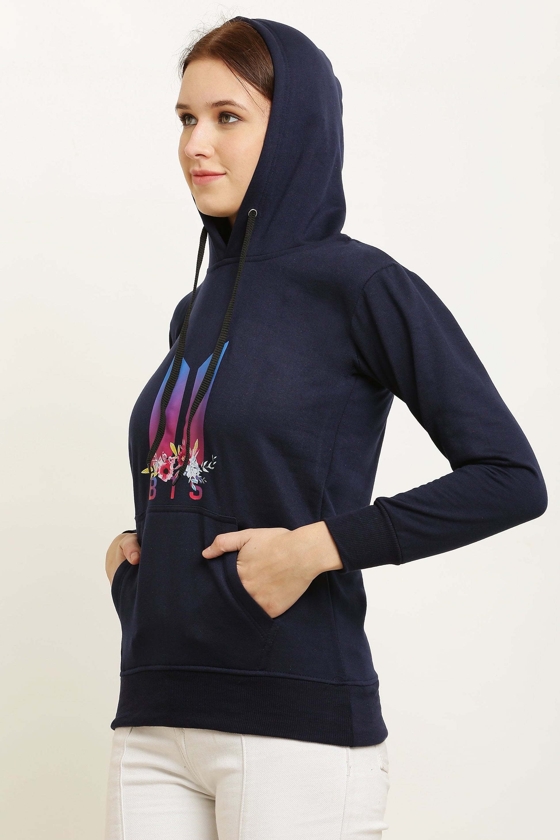 PAVONINE Navy Blue Color Bts Flower-Design Pullover Hoodie Sweatshirt For Girls