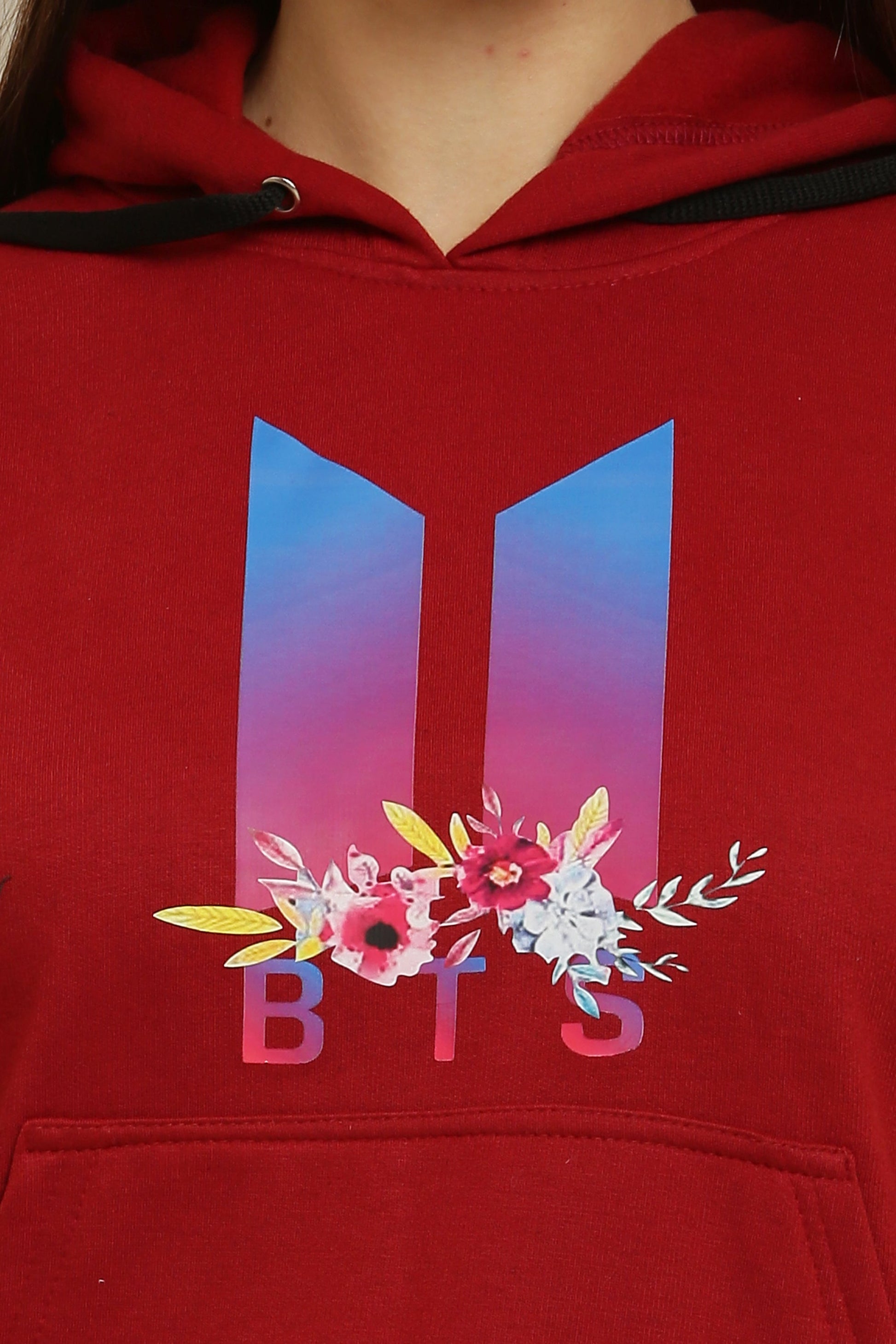 PAVONINE Red Color Bts Flower-Design Pullover Hoodie Sweatshirt For Girls