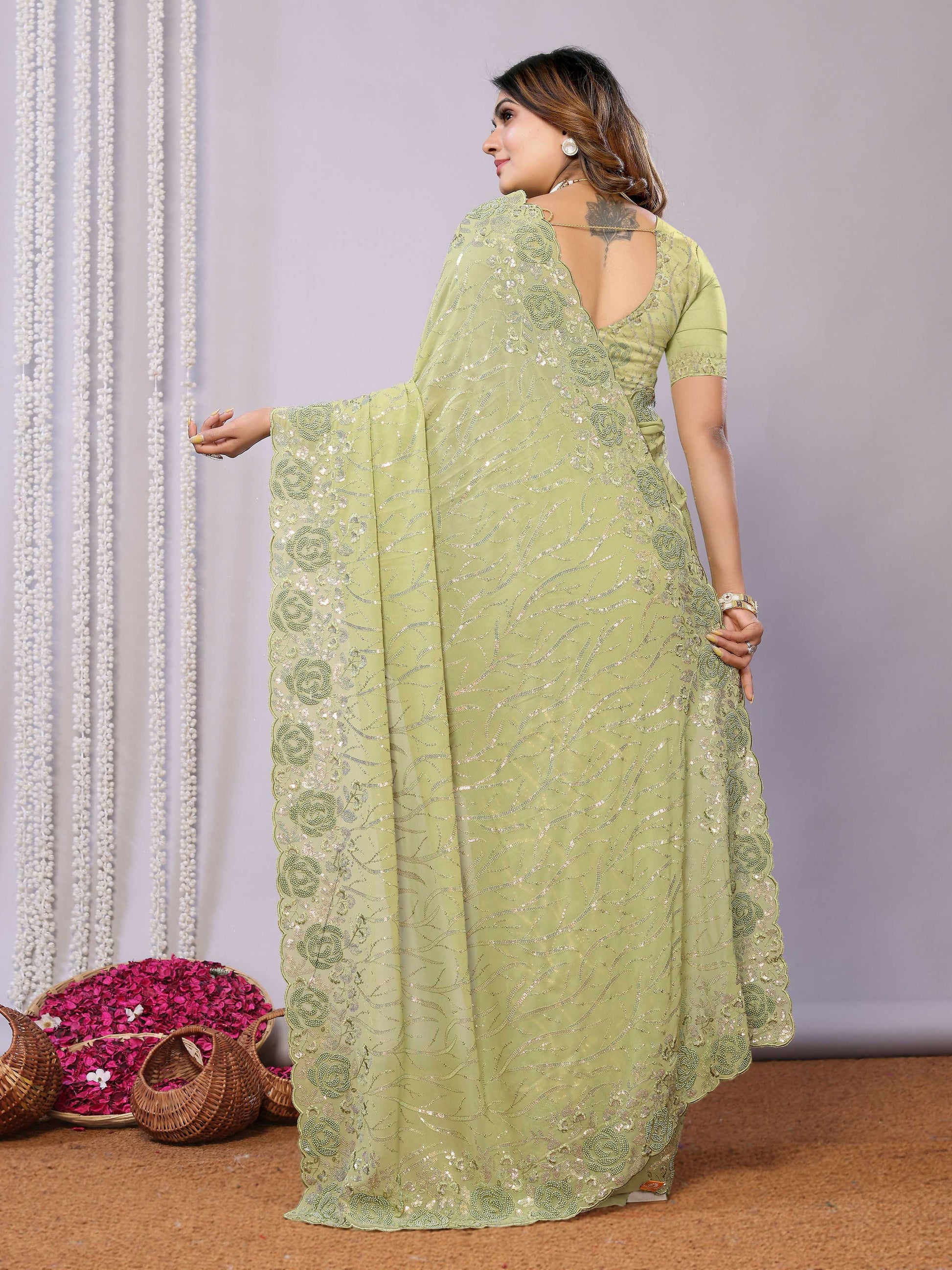 Green Pure Georgette Embroidered Saree With Stitched Blouse - Nimaya Kaksha