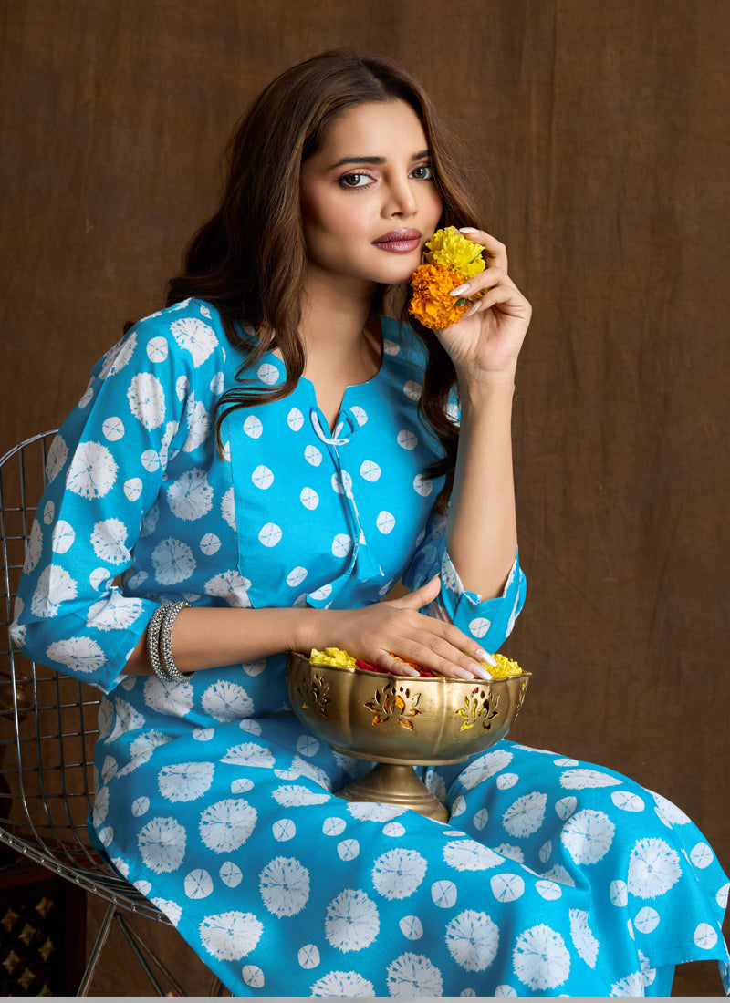 Prazu Fashion Sky Blue Printed Cotton Blend Kurta Pant Set