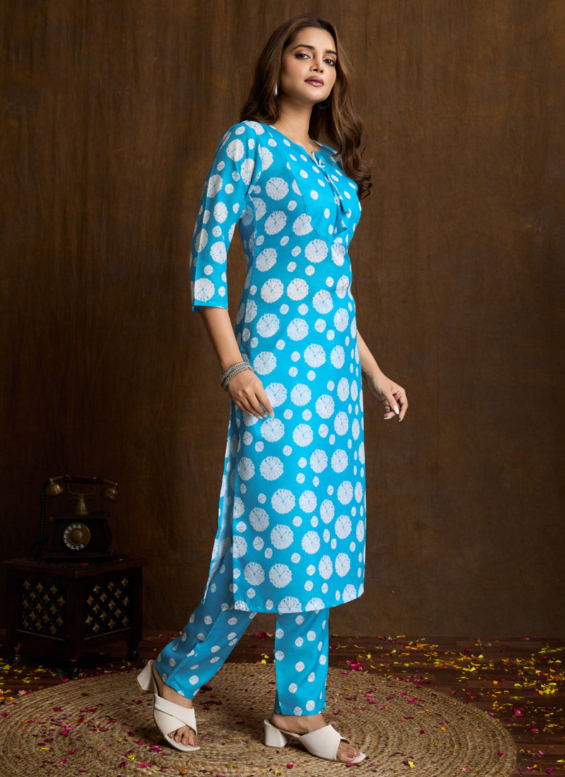 Prazu Fashion Sky Blue Printed Cotton Blend Kurta Pant Set