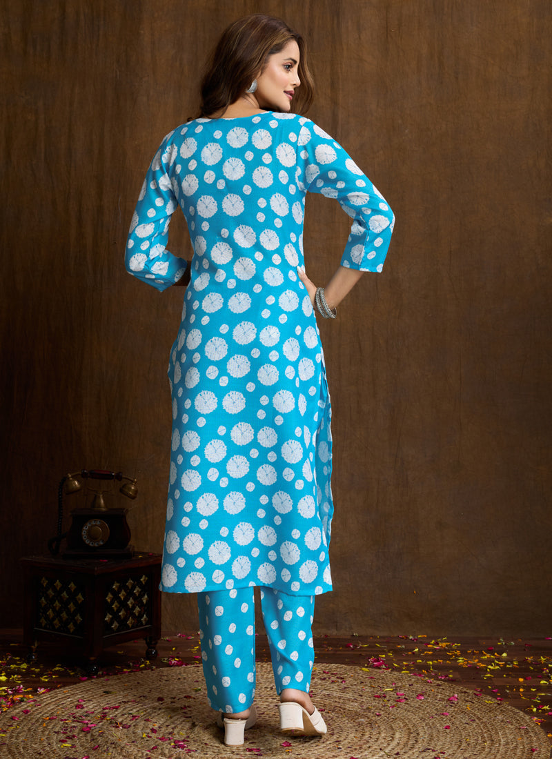 Prazu Fashion Sky Blue Printed Cotton Blend Kurta Pant Set