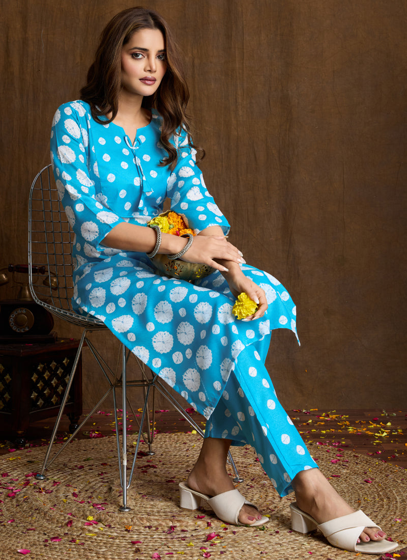Prazu Fashion Sky Blue Printed Cotton Blend Kurta Pant Set