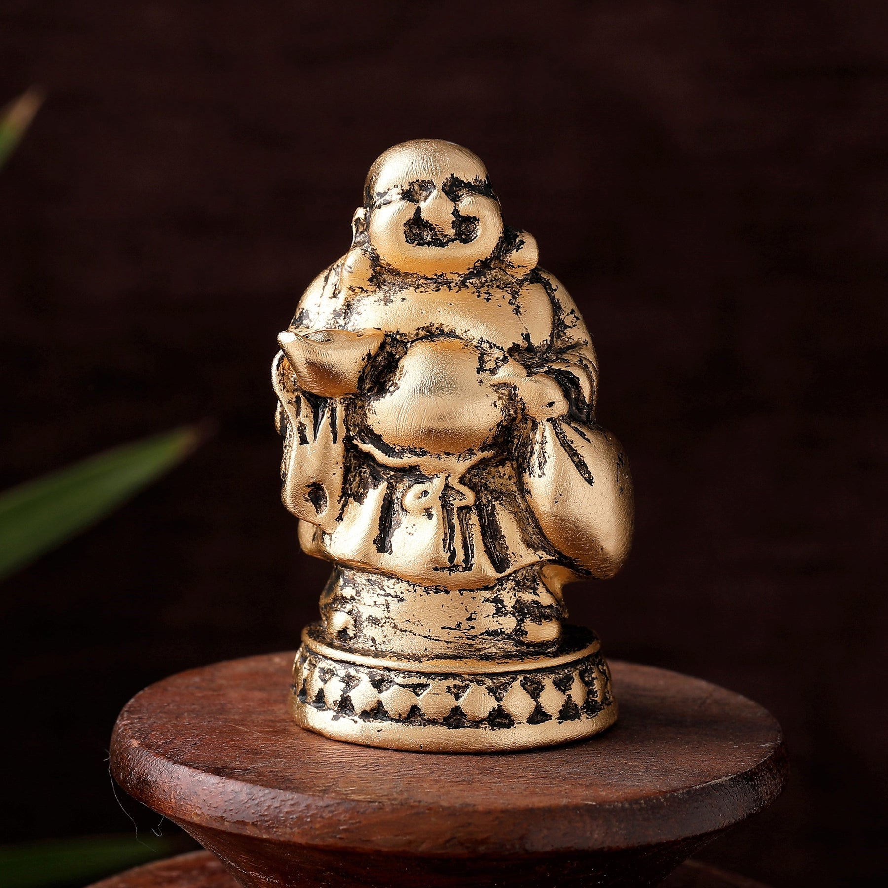 Estele Gold-Polished Laughing Buddha standing statue with Potli showpiece for Perfect Home and Office Décor 