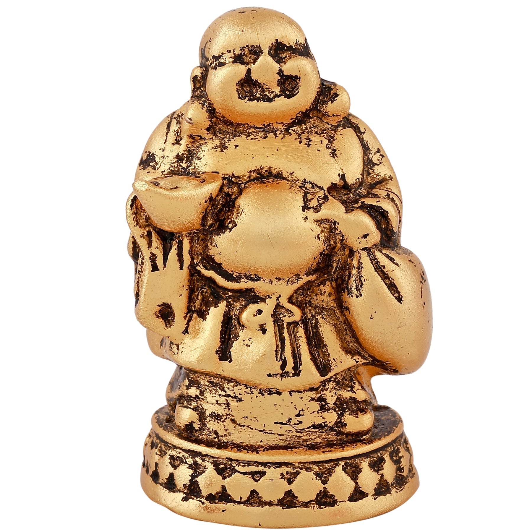 Estele Gold-Polished Laughing Buddha standing statue with Potli showpiece for Perfect Home and Office Décor 