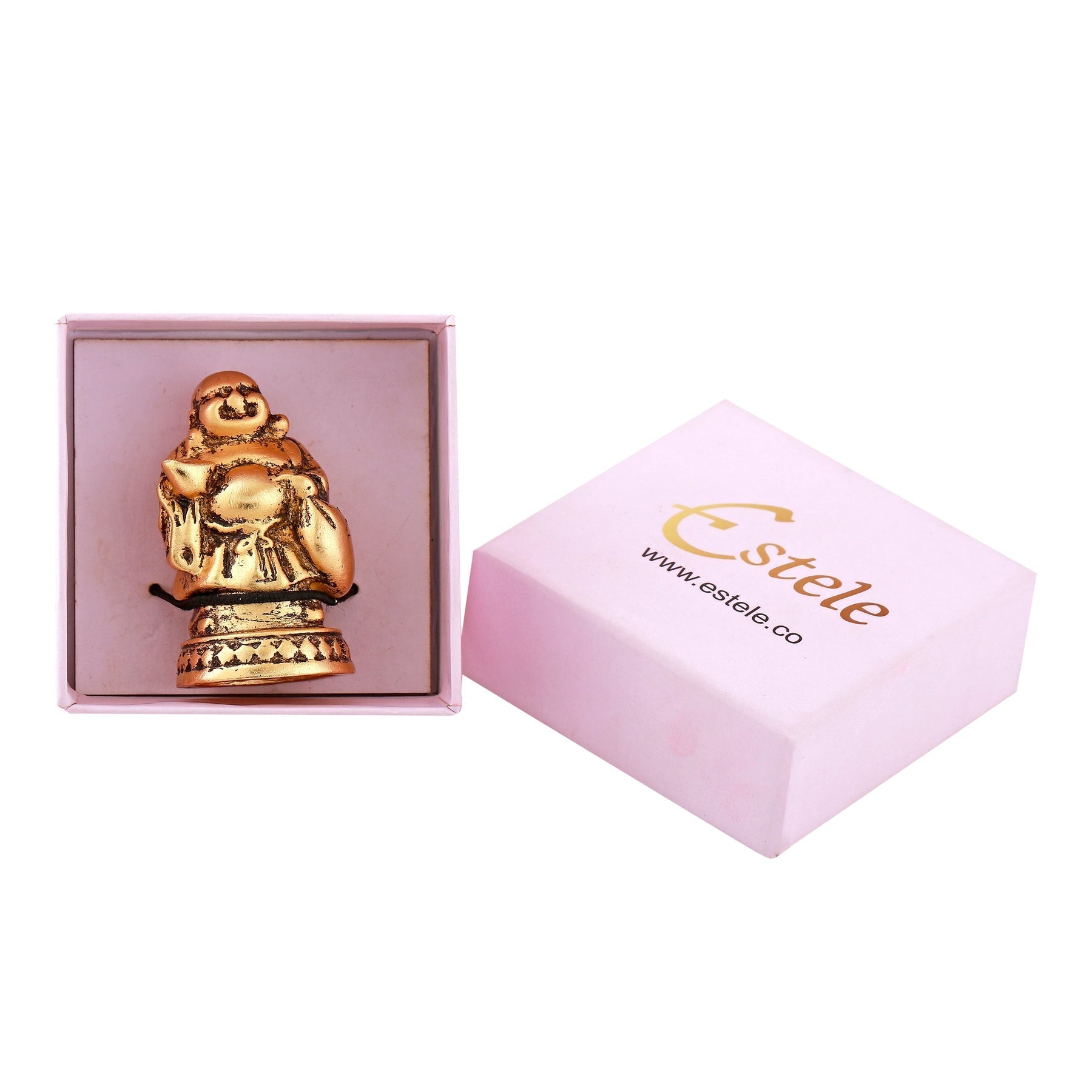Estele Gold-Polished Laughing Buddha standing statue with Potli showpiece for Perfect Home and Office Décor 