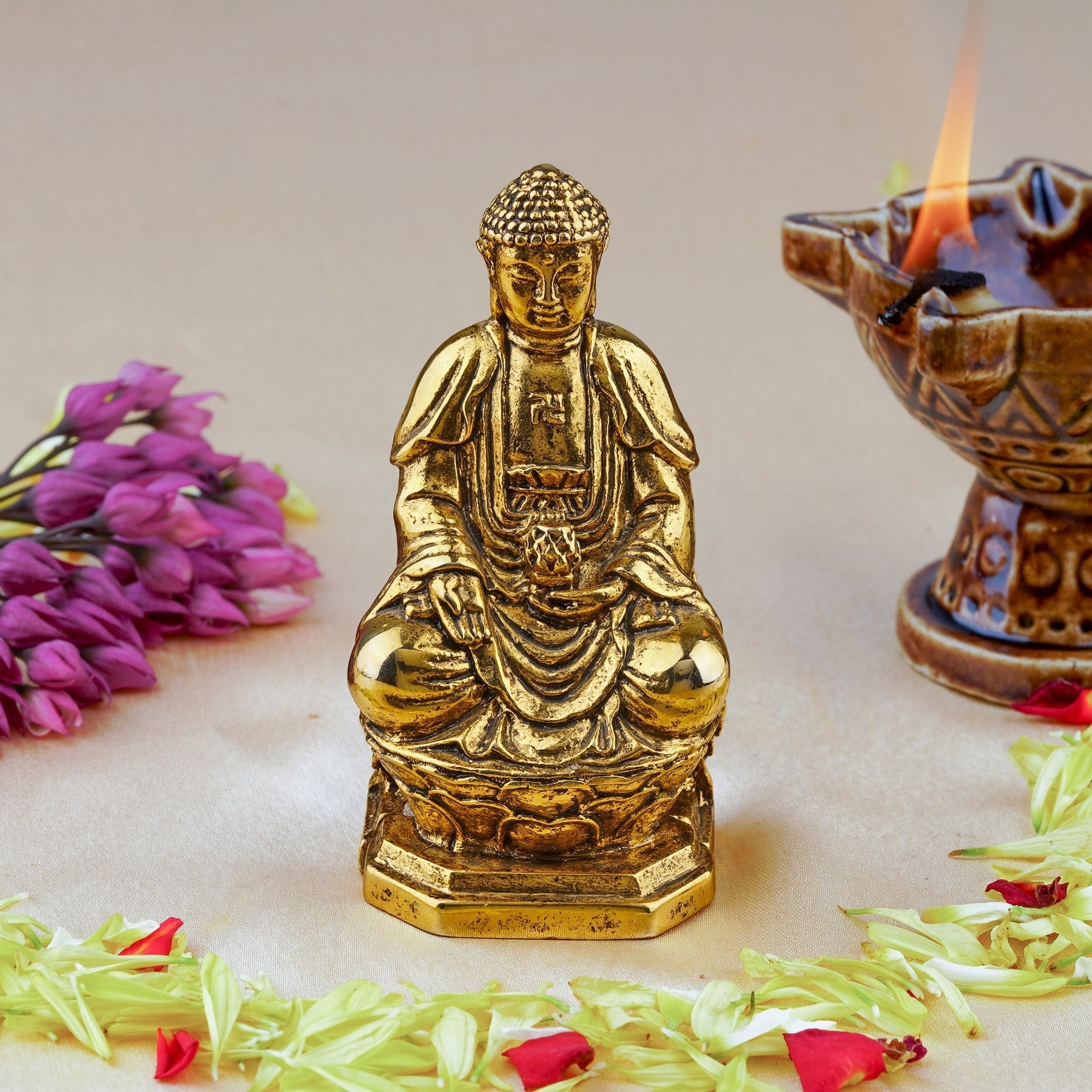 Estele Gold-Polished Antique Lord Gautam Buddha Meditating Idol statue for Home Decor/ work place 