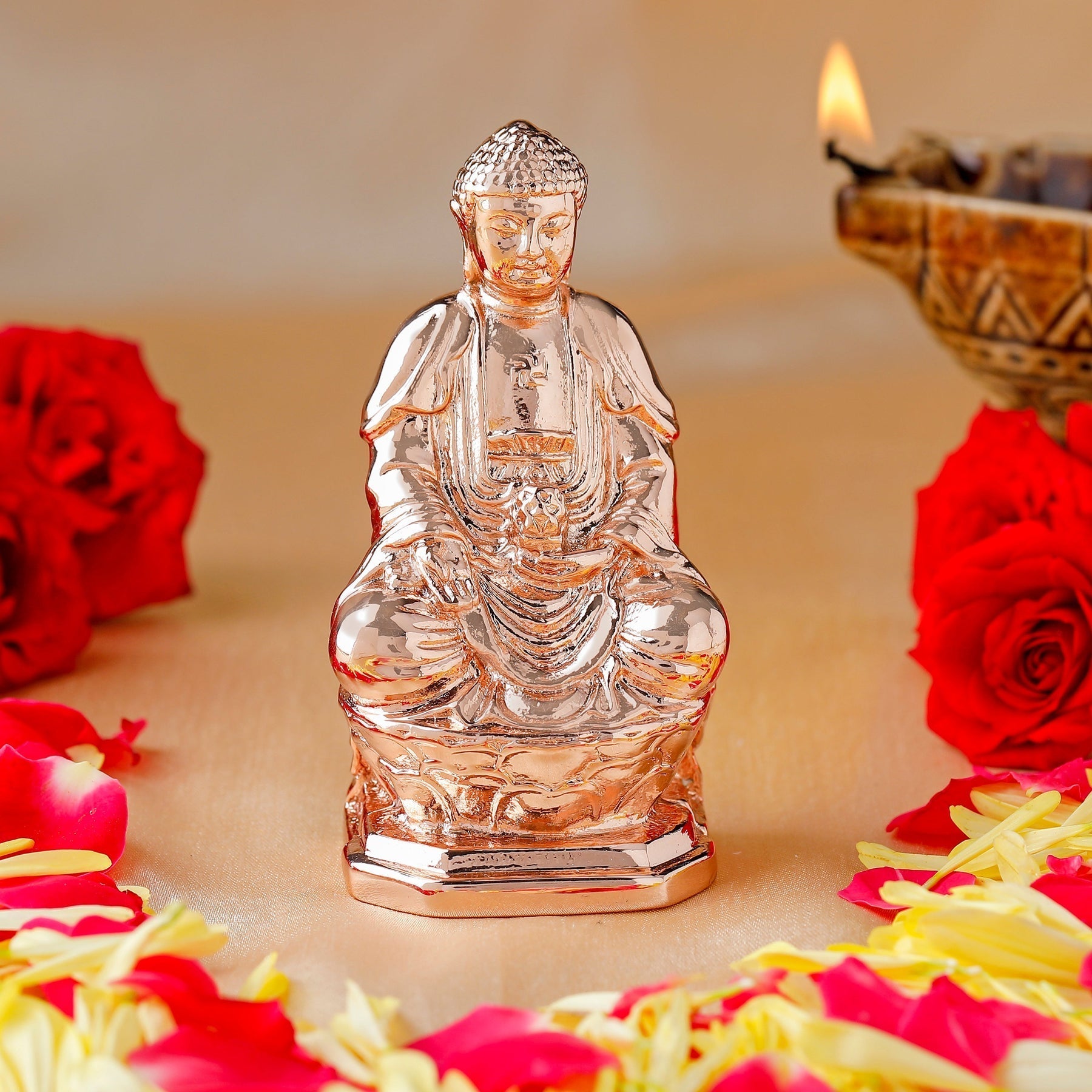 Estele Pink/Rose Gold-Polished Lord Gautam Buddha Mediatating Idol statue for Home Décor/ working place 