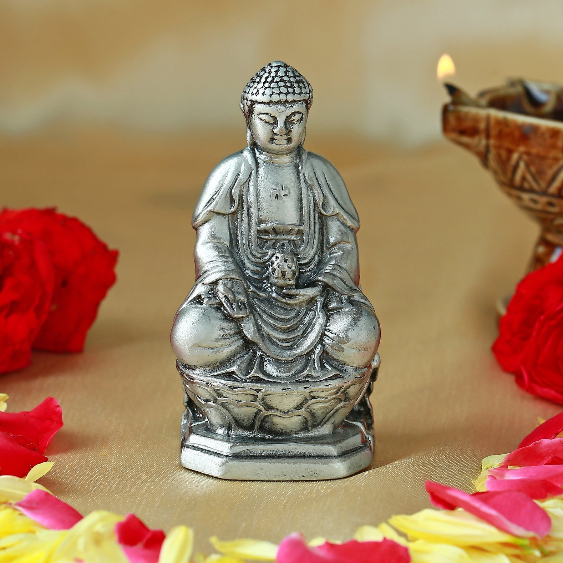 Estele Rhodium Plated Oxidized Lord Gautam Buddha Mediatating Idol statue for Home Décor/ working place 