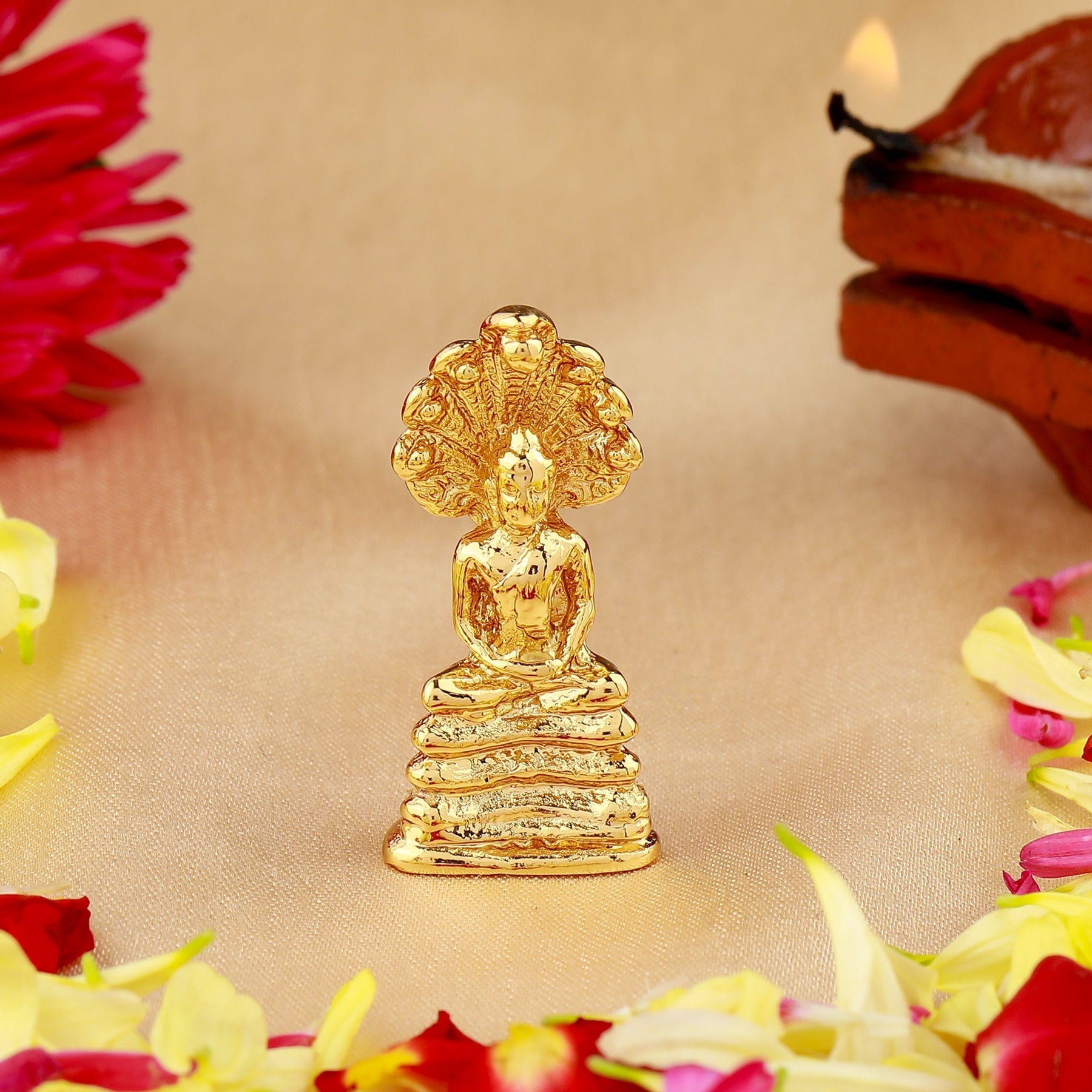 Estele Gold-Polished Medidative Lord Gautam Buddha Sitting under snake Hood Idol for Pooja/Car decor 