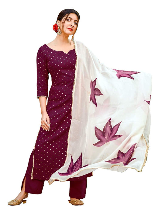 Malishka Women's Wine Cotton Printed Kurta Palazzo Set With Dupatta - Wine - Grab2buy