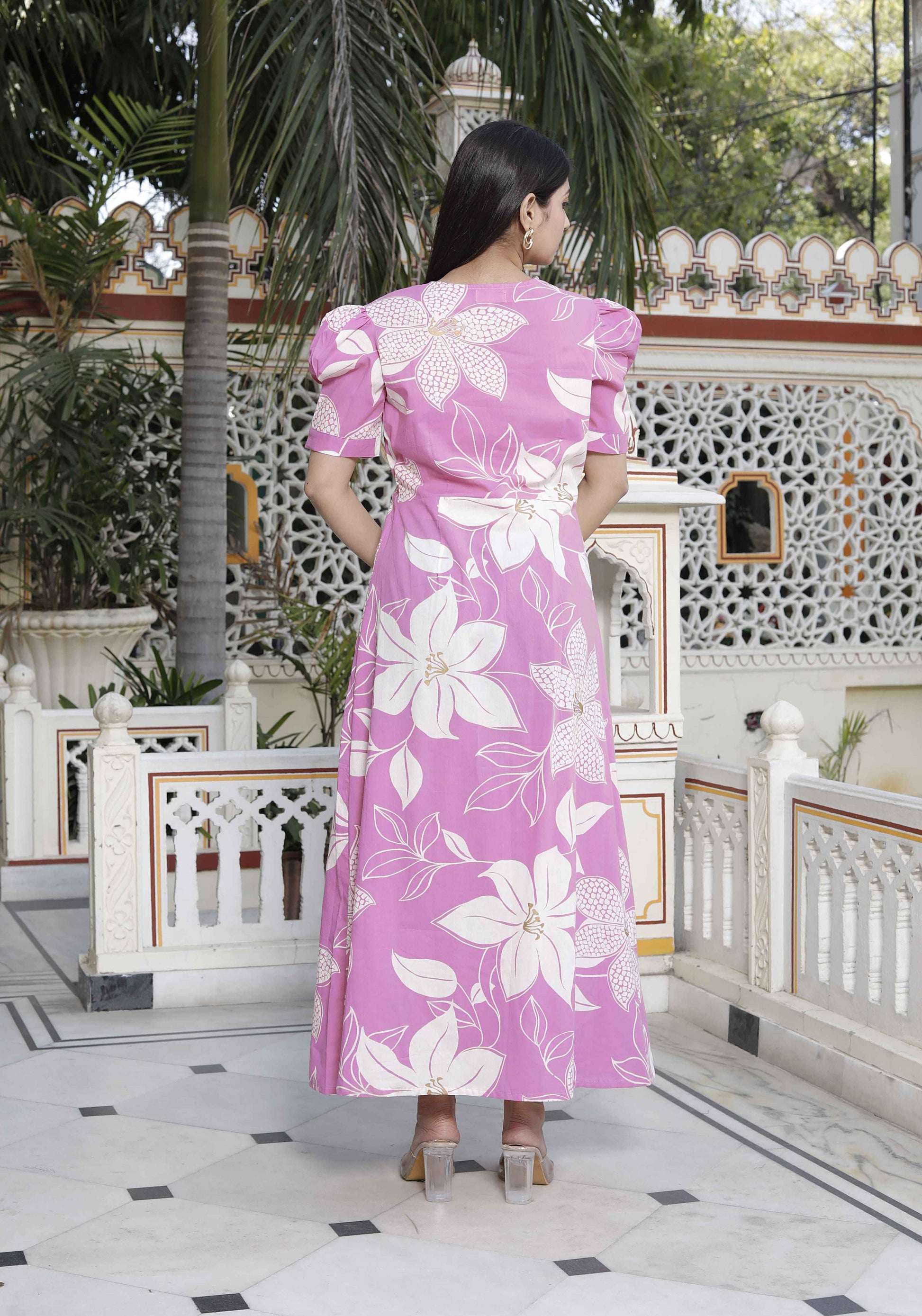 Miravan Women's Pink Floral Print Puff Sleeve Pure Cotton Fit Flare Butterfly Maxi Dress