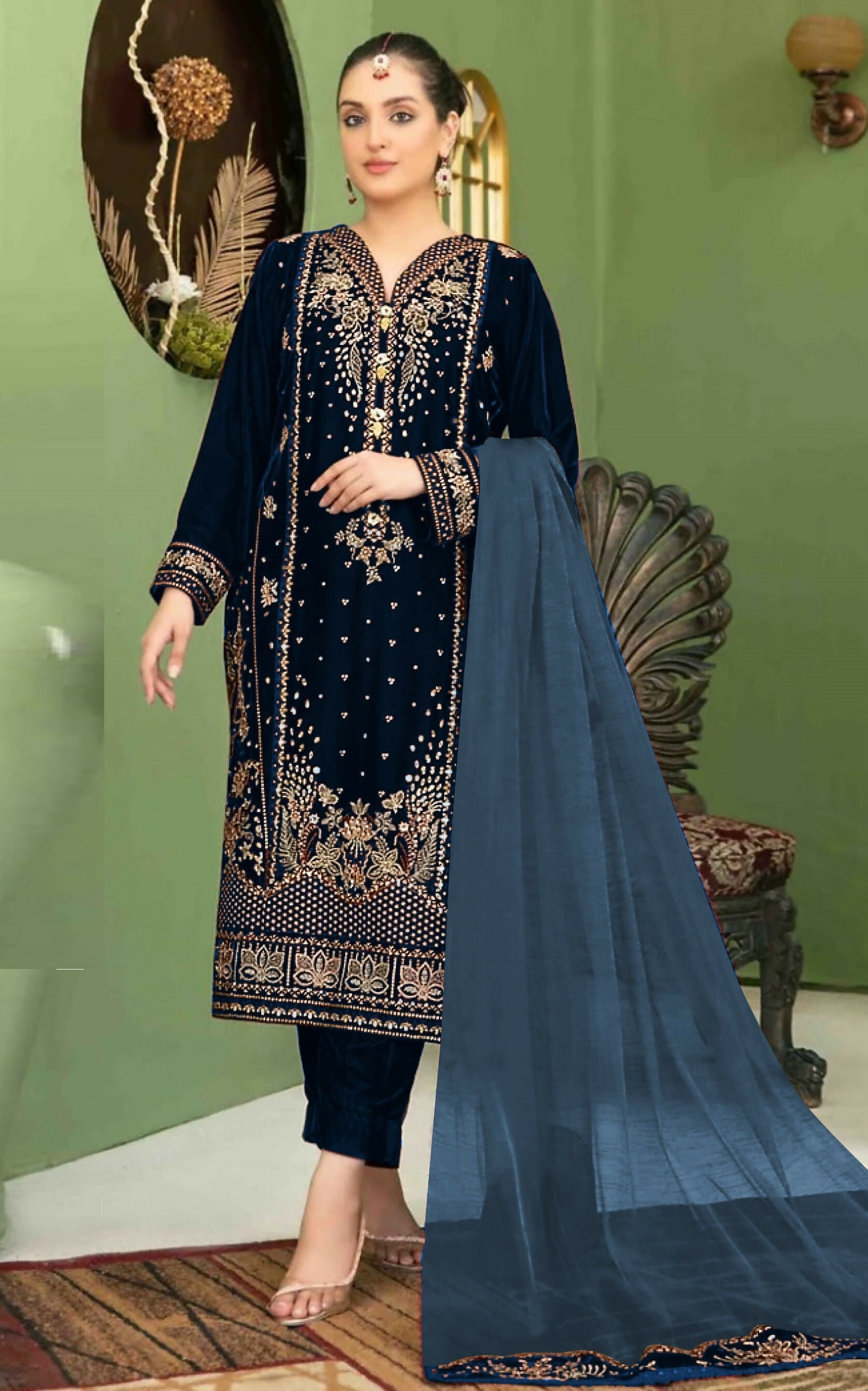 Anaita Navy Blue Velvet Suit with Embroidery Sequence Work