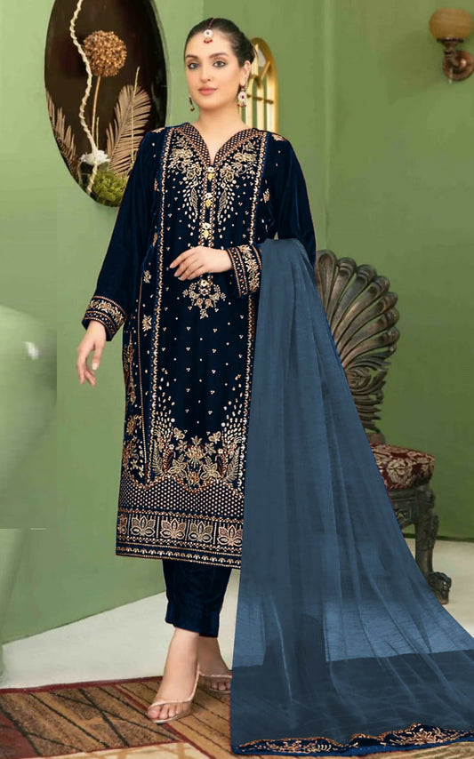 Anaita Navy Blue Velvet Suit with Embroidery Sequence Work