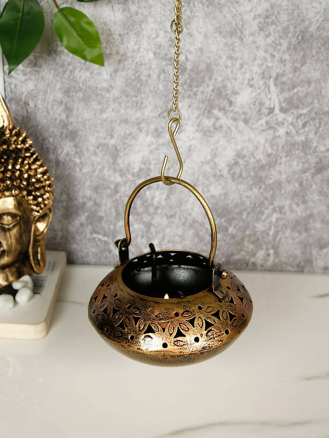 CraftVatika Gold-Toned Metal Degchi Hanging Tealight Candle Holder 