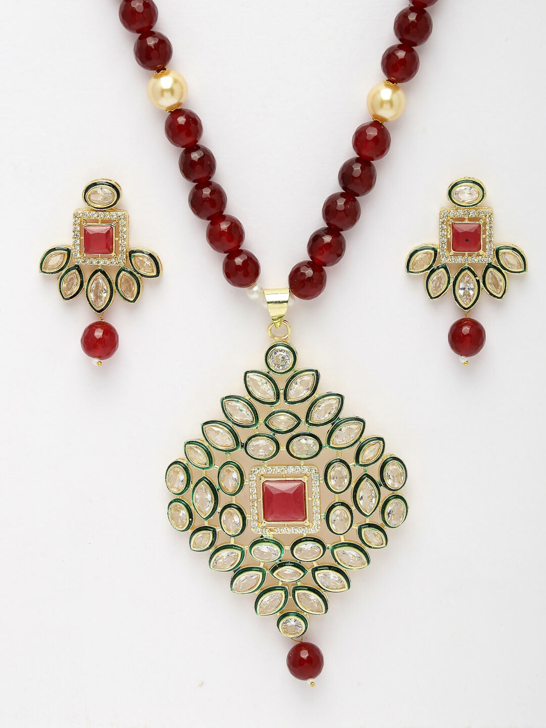 NVR Women's Red Kundan-Studded & Beaded Handcrafted Jewellery Set - Grab2buy