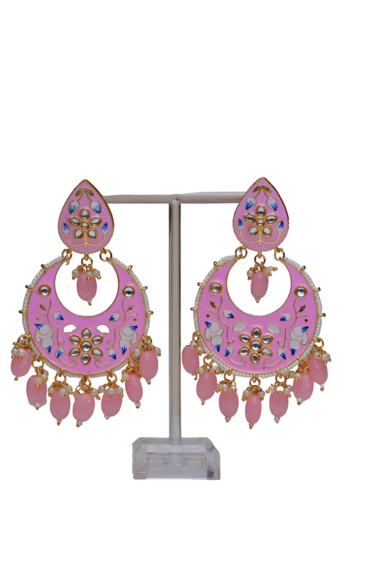 Gold Plated Brass & Pearl Dangle Women Baby Pink Hand Painted Meenakari Chandbali Earrings By House of Ree - Grab2buy