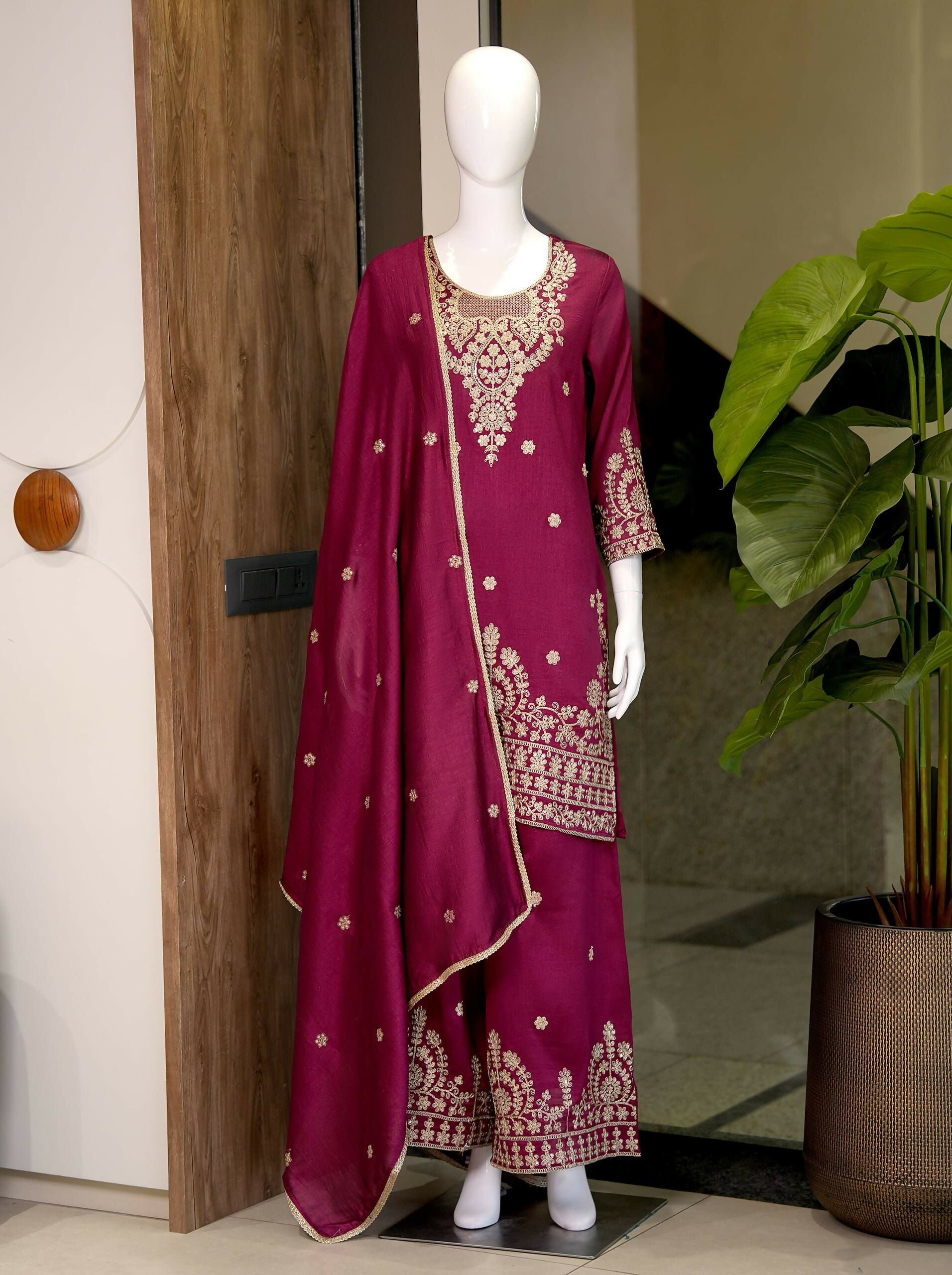 Teeya Creation Wine Embroidered Silk Palazzo Suit With Dupatta