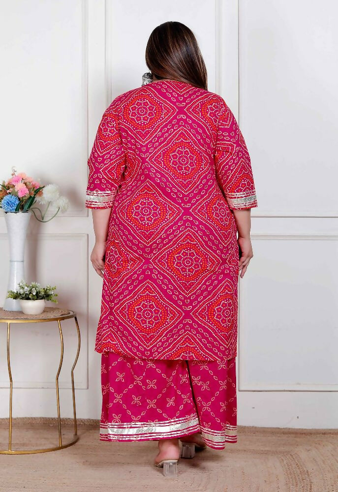 Miravan Plus Size Women'S Pink Bandhani Printed Straight Kurta With Palazzo & Dupatta